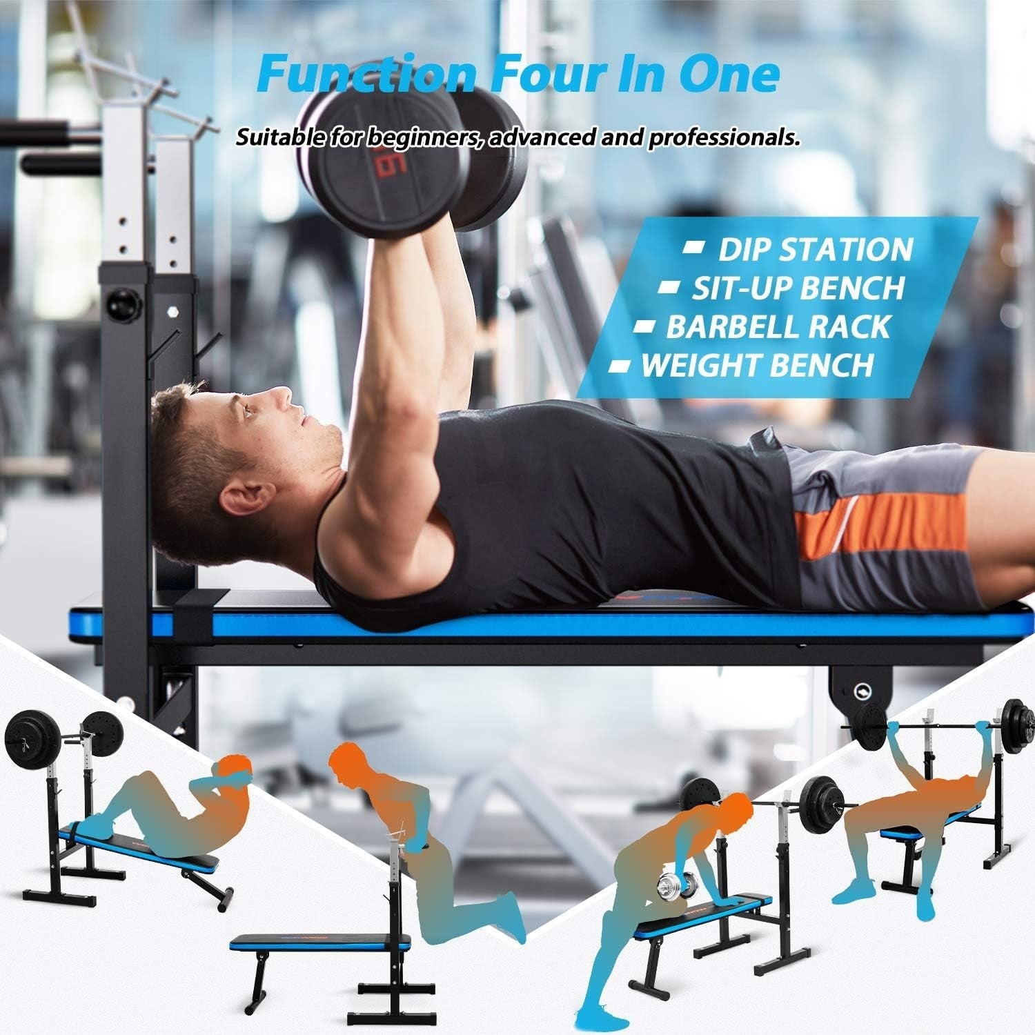 Foldable Adjustable Weight Bench with Dip Station Multiuse Home Gym