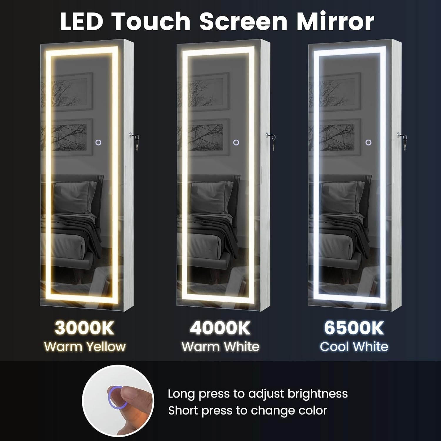 LED Jewelry Cabinet Wall or Door Mount Lockable Mirror Storage White