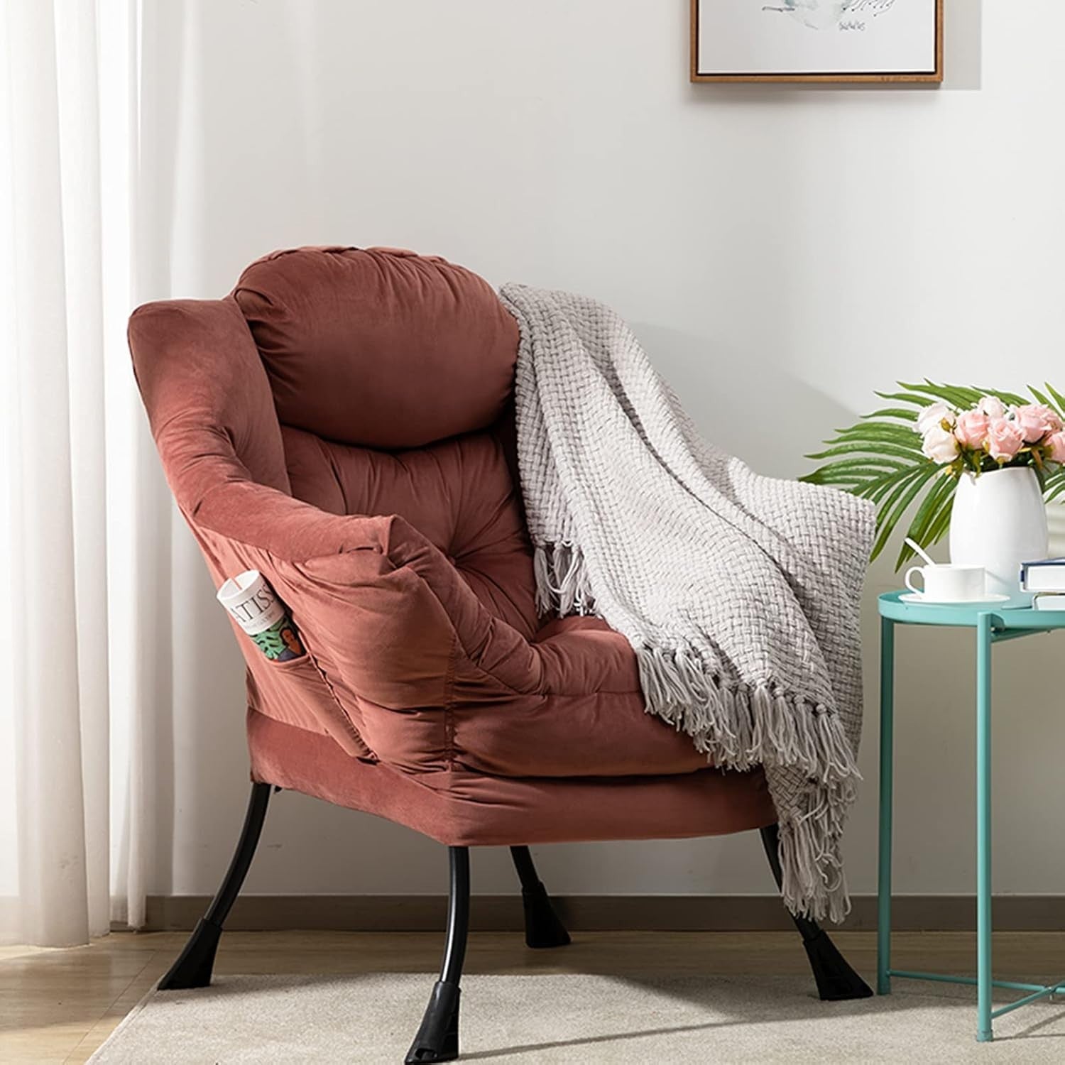 Velvet Accent Armchair Comfy Reading Chair Solid Steel Frame Pink Large