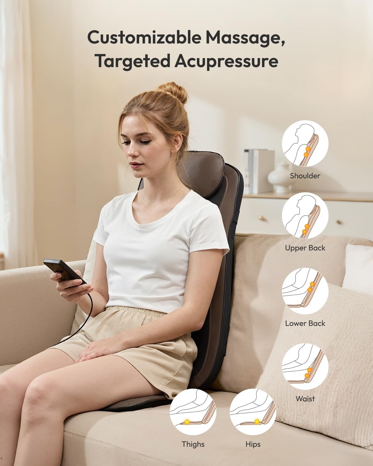 3D Shiatsu Back Massager with Heat Full Back Cushion Adjustable Intensity Brown