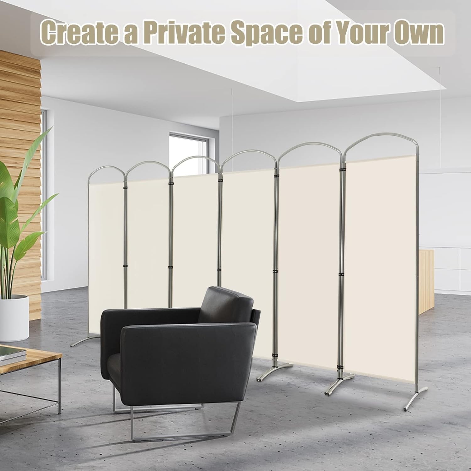 6 Panel Cream Folding Room Divider Privacy Screen for Bedroom Office 188cm High
