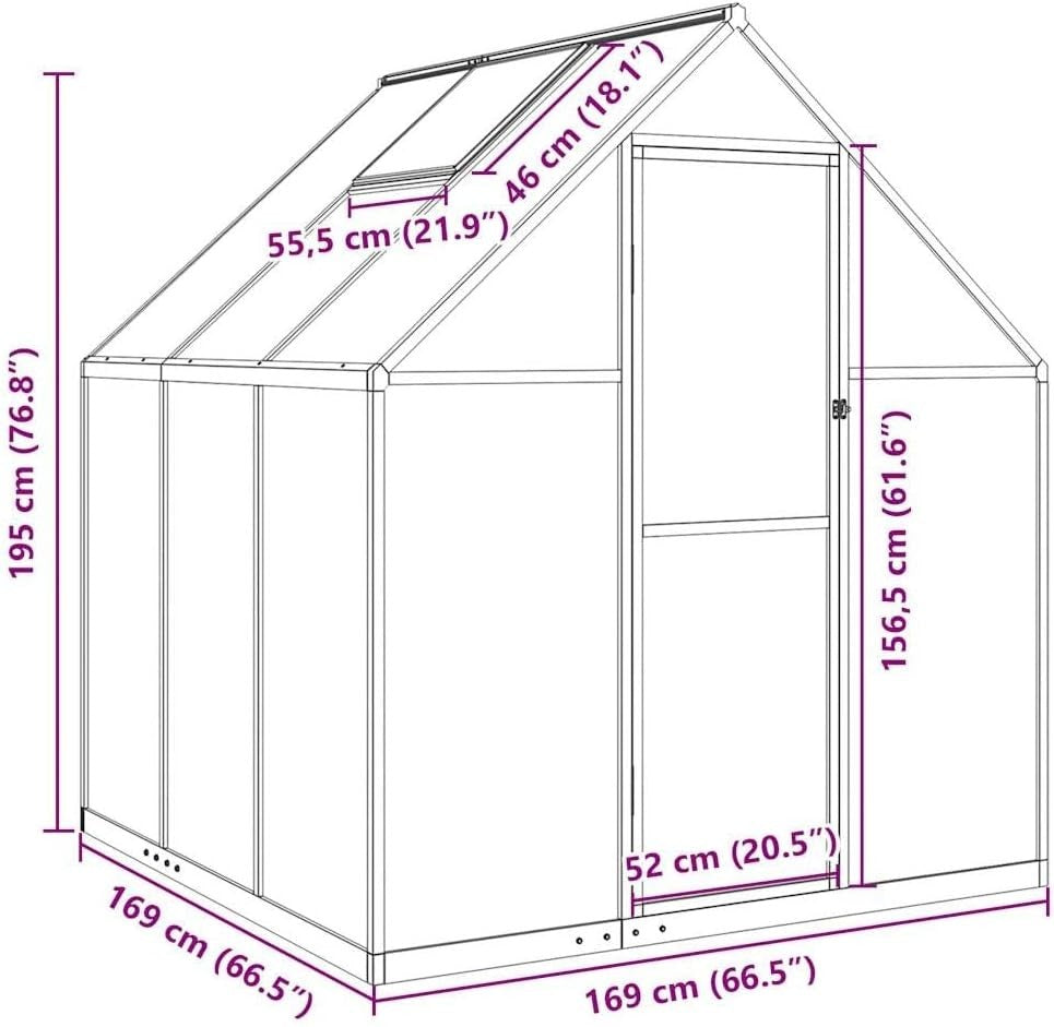 Large Aluminium Greenhouse 169x169x195cm Polycarbonate Panels with Base Frame
