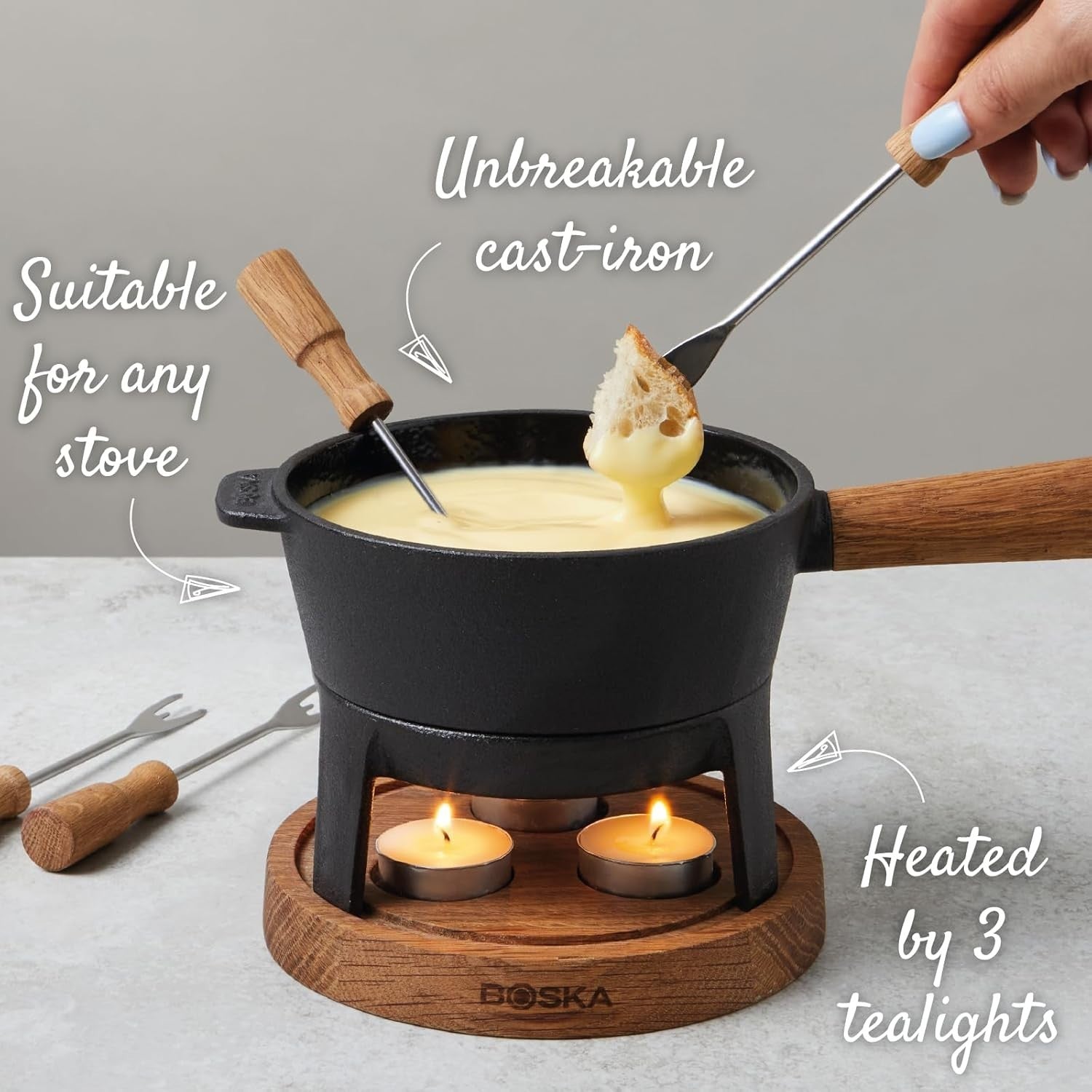 Cast Iron Cheese Fondue Set 700ml Tealight Pot 4 Forks Oak Base