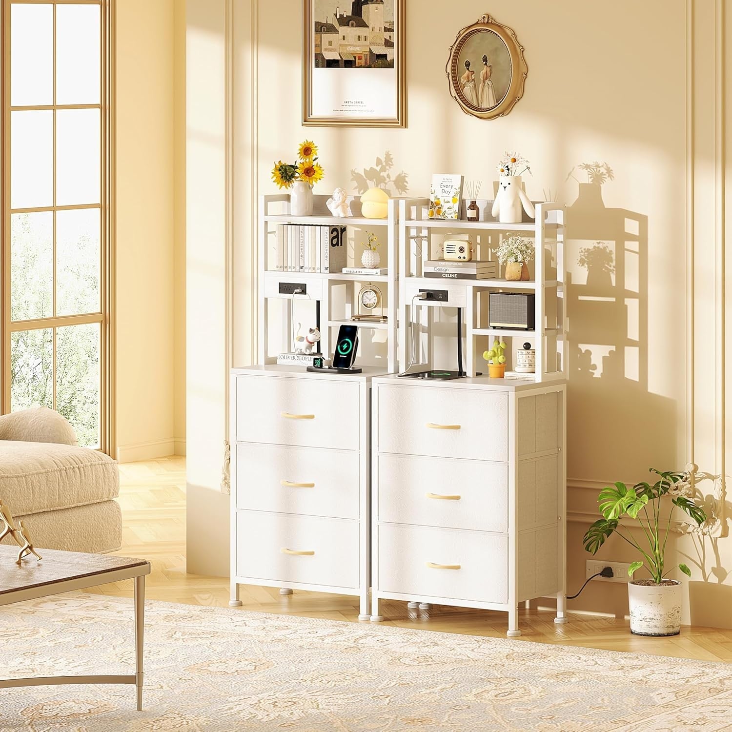 Tall White Bedside Table with LED Lights Charging Ports Shelves Drawers Storage