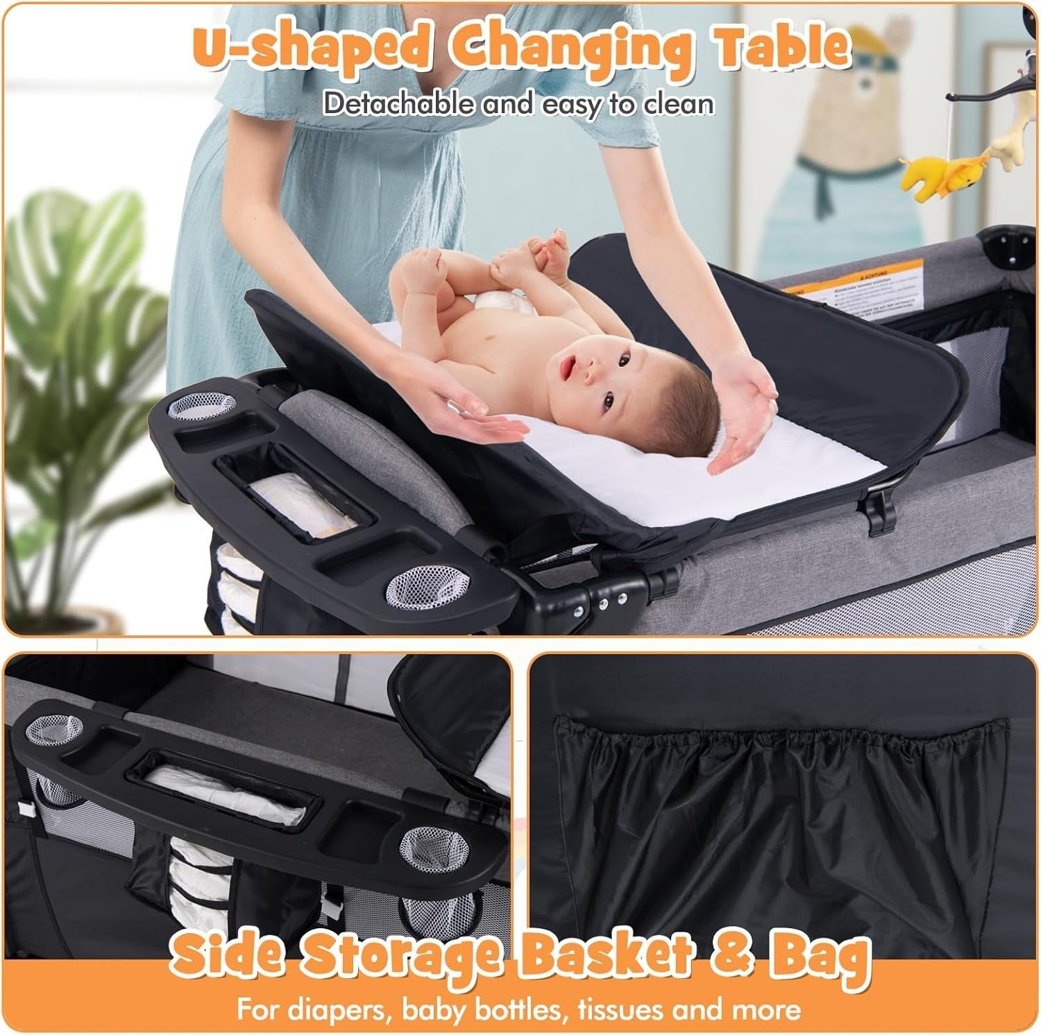 5in1 Baby Travel Cot Foldable Crib with Mattress Basket Changer & Storage Black
