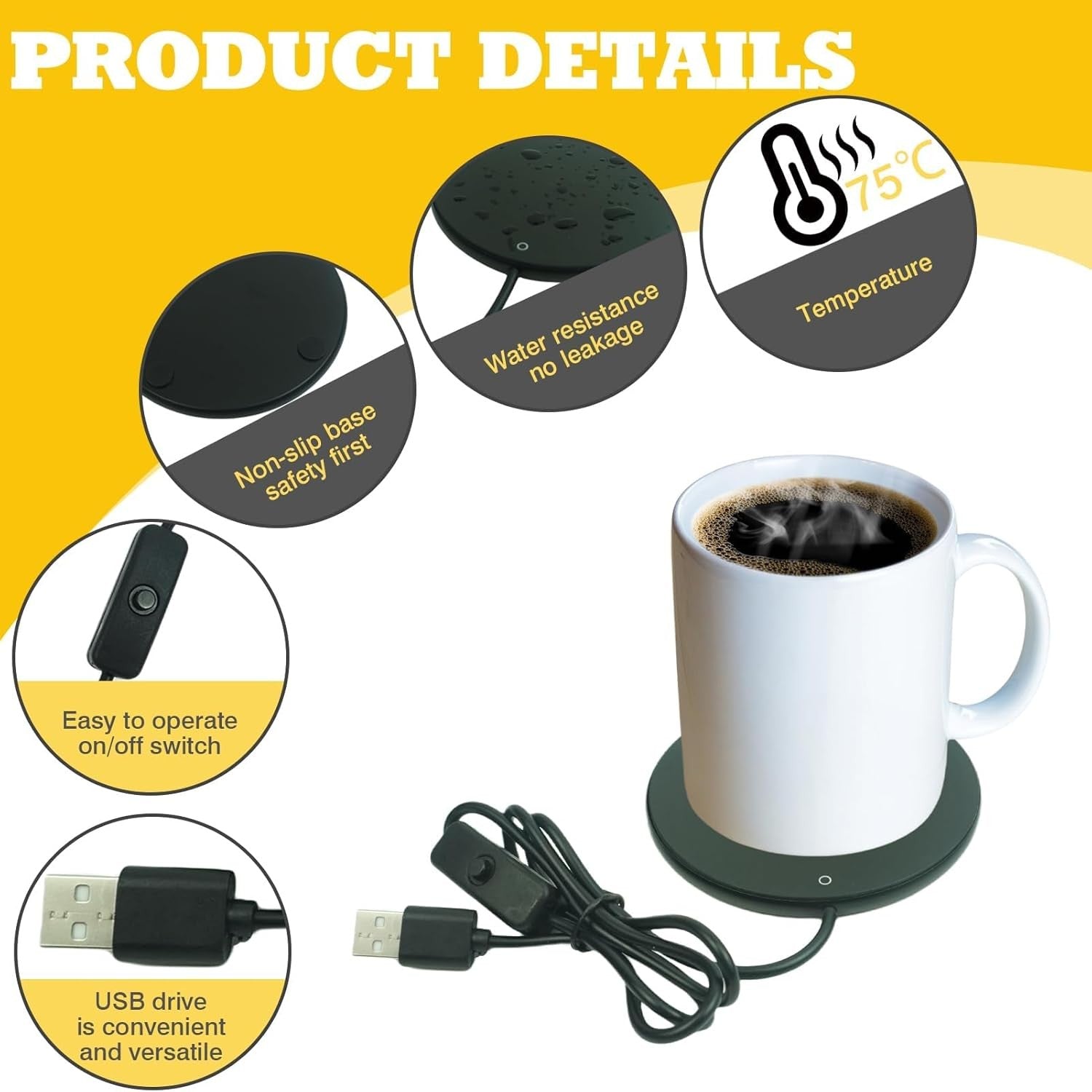 USB Coffee Mug Warmer LED Display Desk Heat Plate Black
