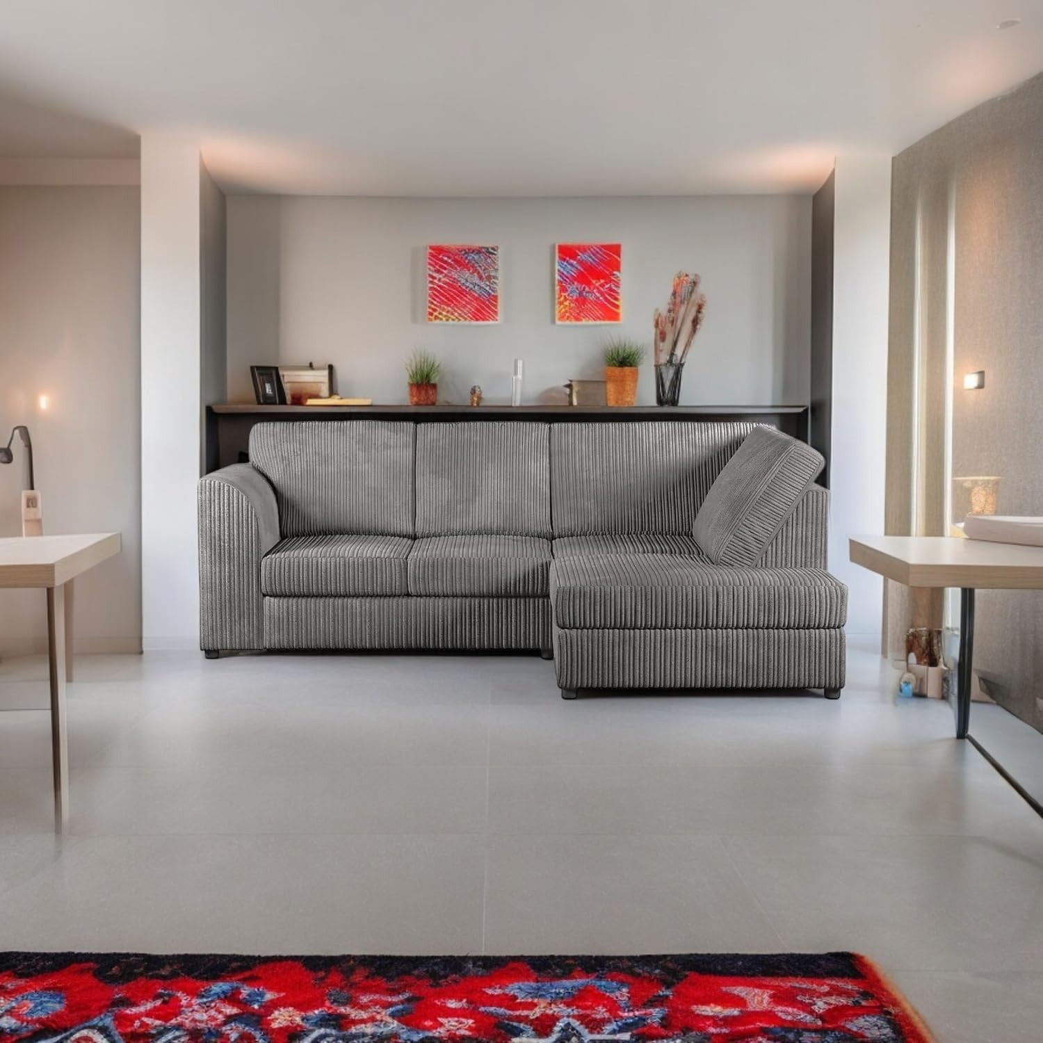 L-Shaped Grey Jumbo Cord 4-Seater Corner Sofa Right Hand Facing Comfort
