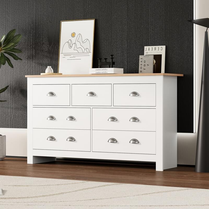 White Oak Sideboard Storage Cabinet 7 Drawer Buffet Table Unit Modern