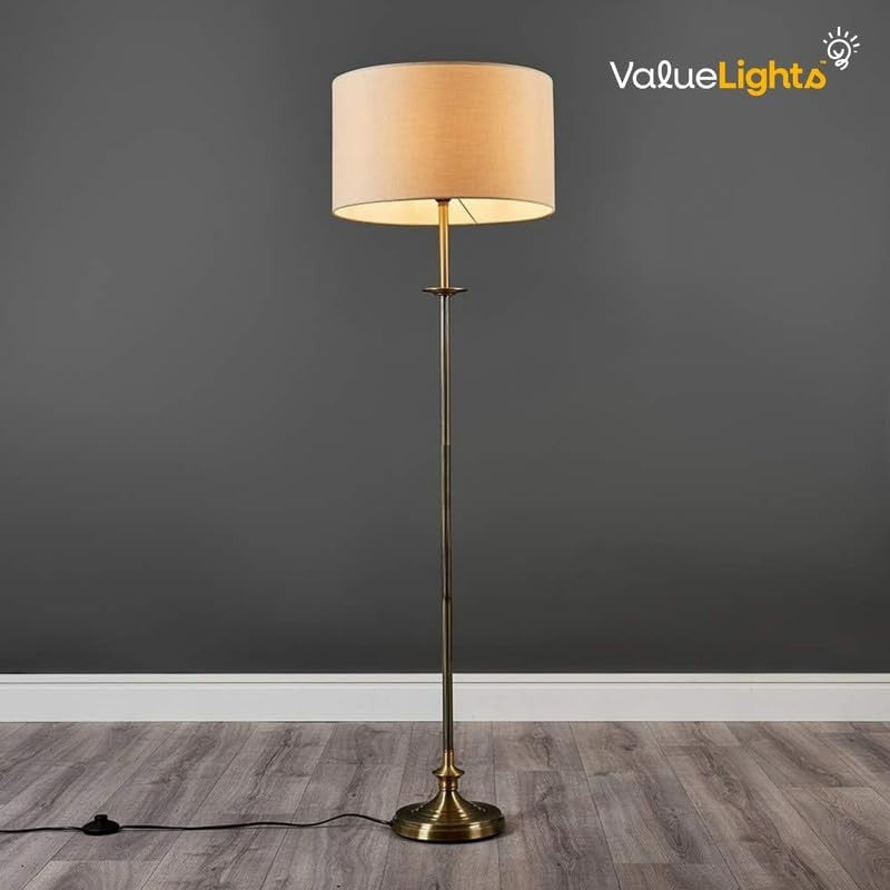 Antique Brass Floor Lamp with Black Drum Shade Traditional Standing Light