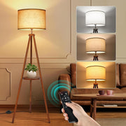 Wooden Tripod Floor Lamp Remote Dimmable Shelf Linen Shade Standing