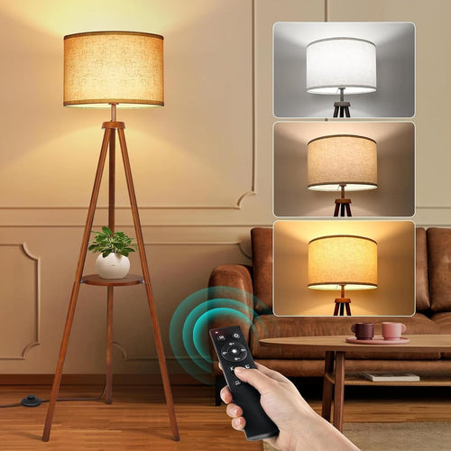 Wooden Tripod Floor Lamp Remote Dimmable Shelf Linen Shade Standing