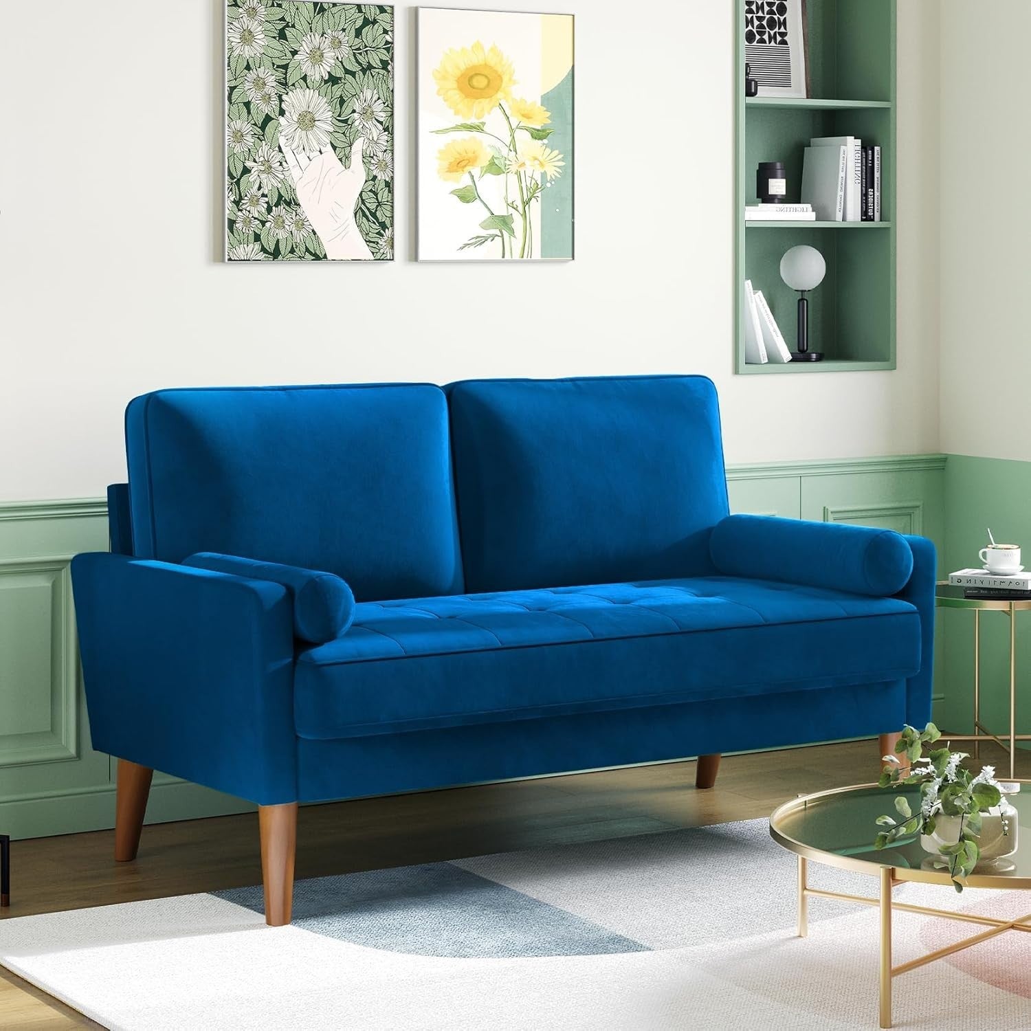 Blue Velvet 2 Seater Sofa Small Space Comfy Couch Wood Legs Living Room