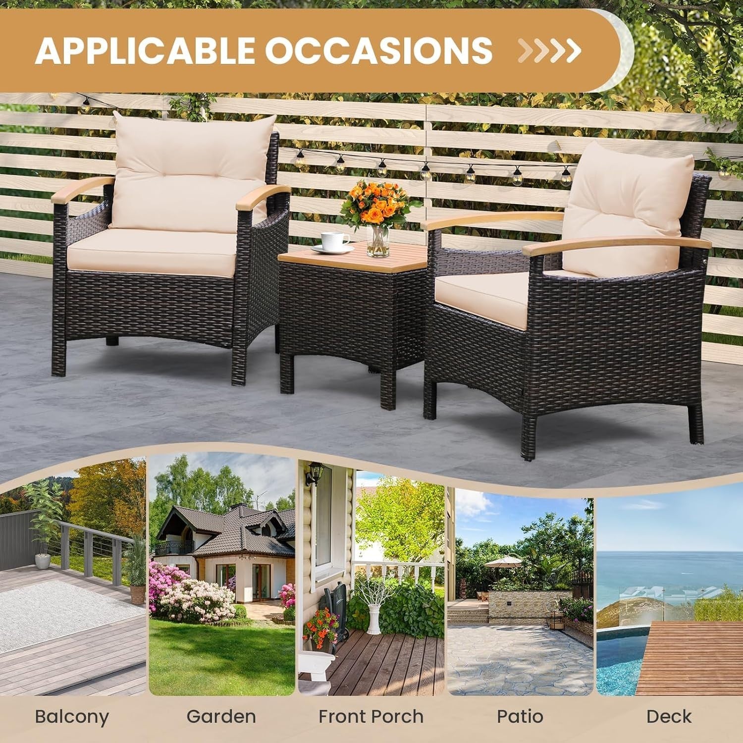Outdoor Rattan Bistro Set 3-Piece Patio Sofa Table & Chairs with Cushions