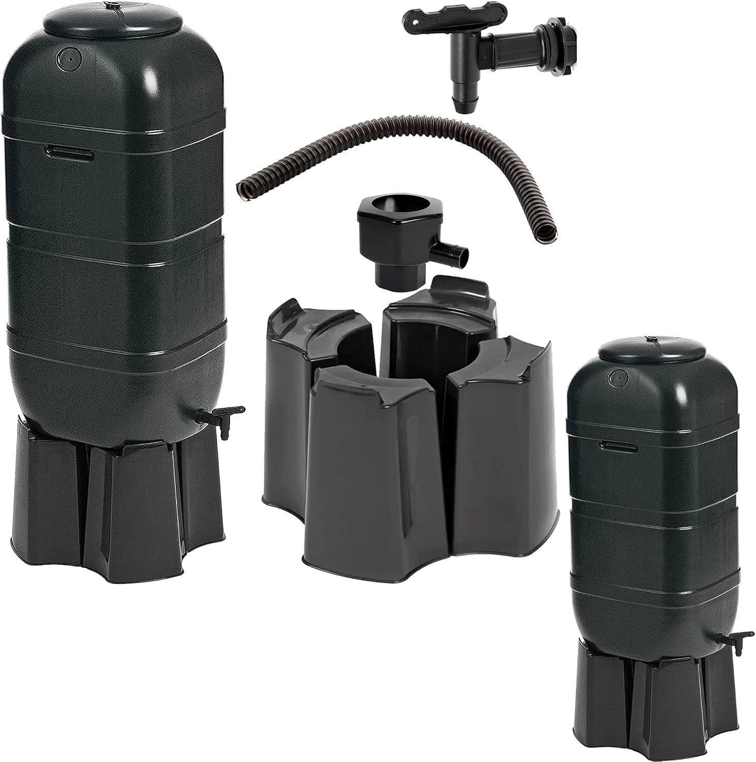 2x 100L Slim Line Garden Rainwater Butts With Taps Stands & Diverter Kits