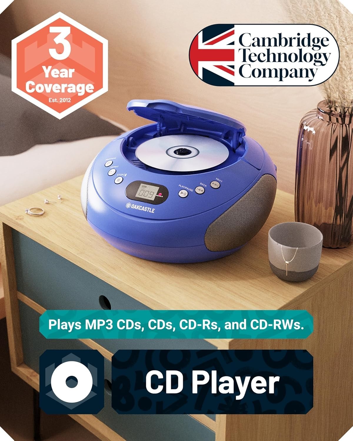 Portable Bluetooth CD Boombox FM Radio Stereo Player LED Display Blue