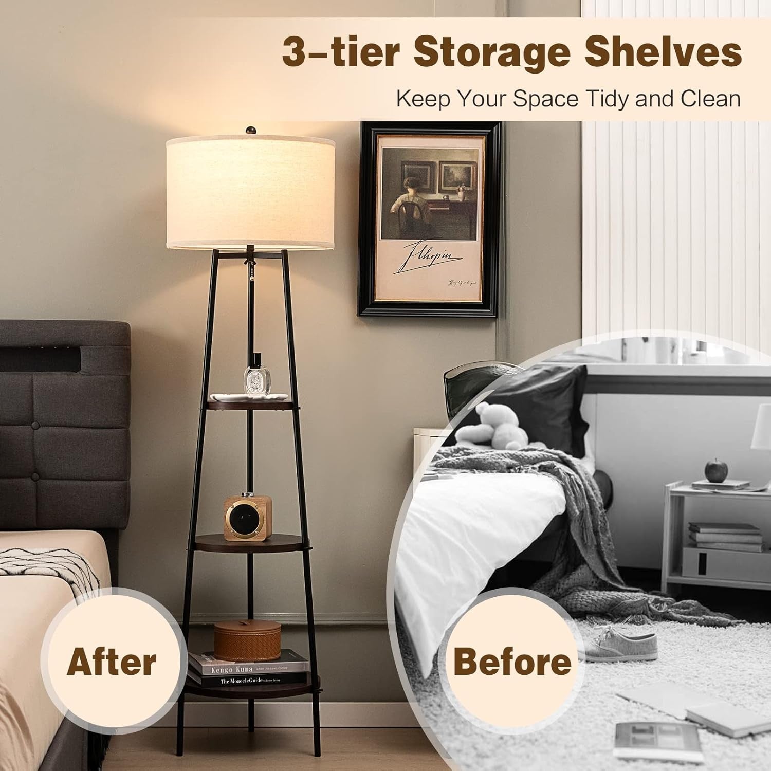Tripod Floor Lamp with Shelves Storage Standing Lamp Fabric Shade E27