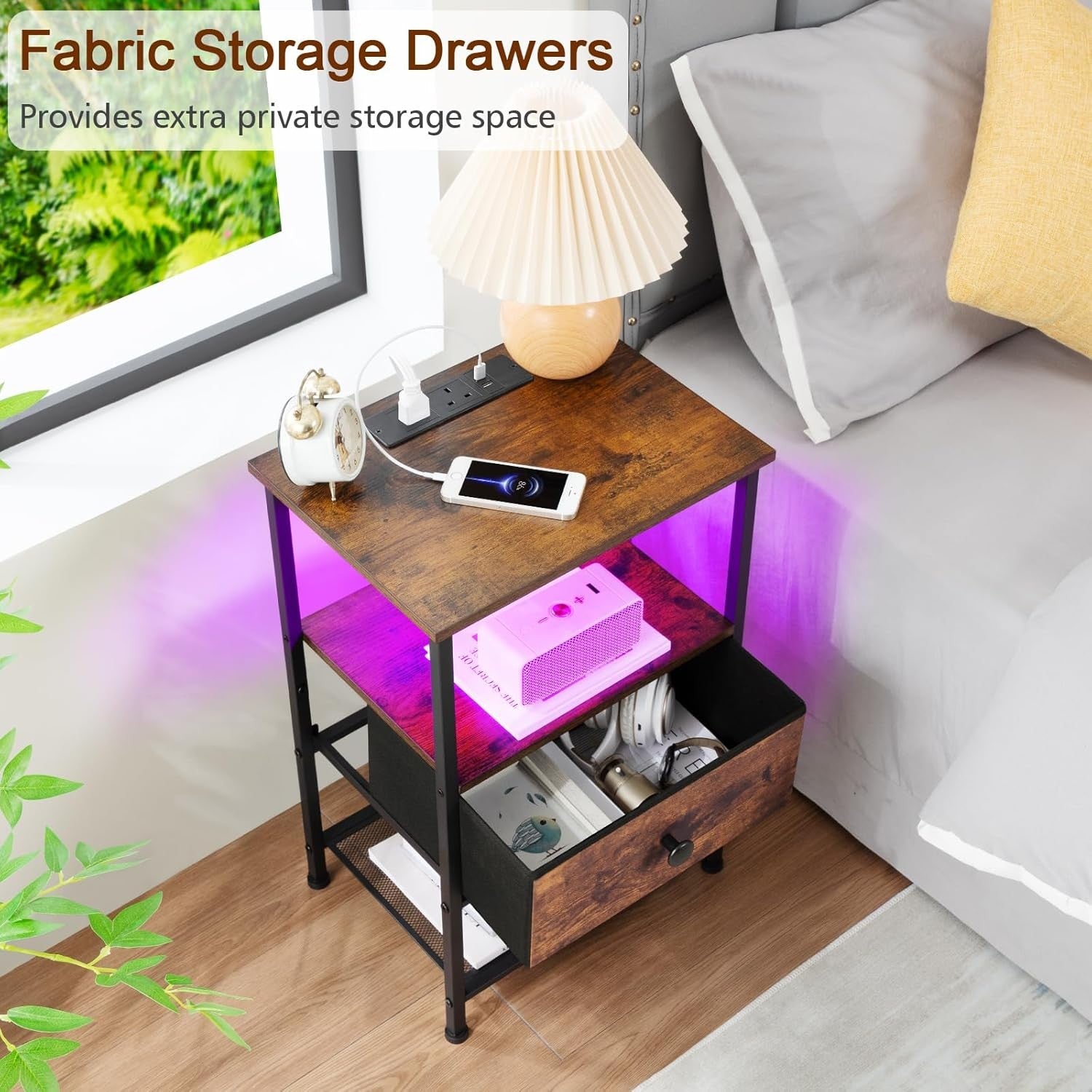 Set of 2 Rustic LED Bedside Tables with Charging Station, Fabric Drawer & Storag