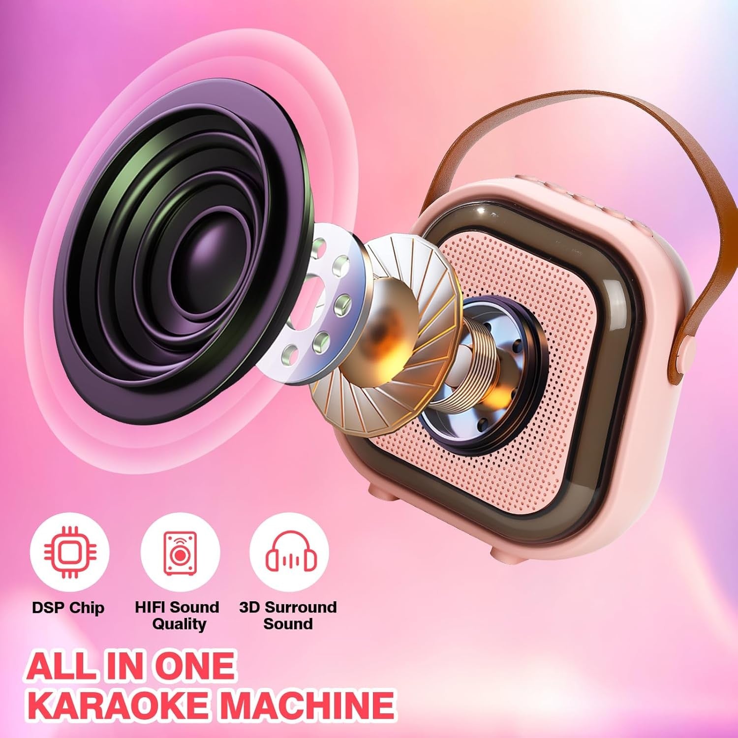 Pink Karaoke Machine 2 Microphones Bluetooth LED Speaker