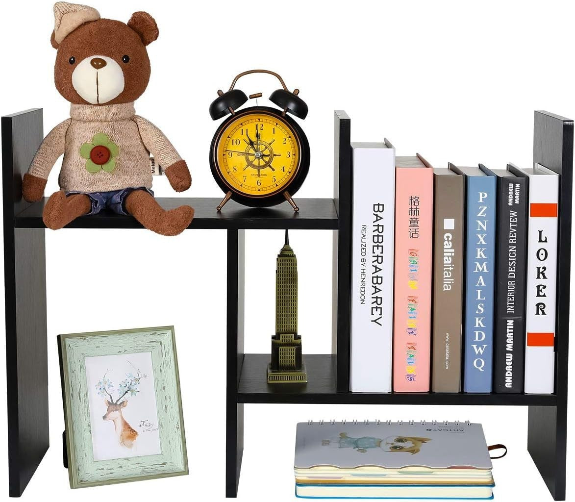 Adjustable Black Wood Desktop Bookshelf 3-Tier Space-Saving Desk Organizer
