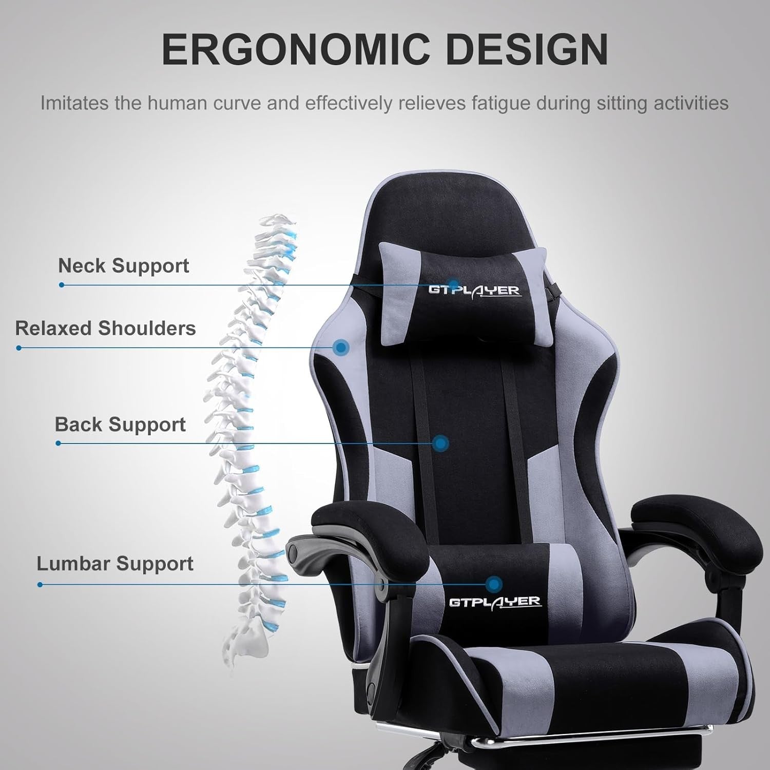 Ergonomic Fabric Gaming Chair Massage Lumbar Footrest Purple