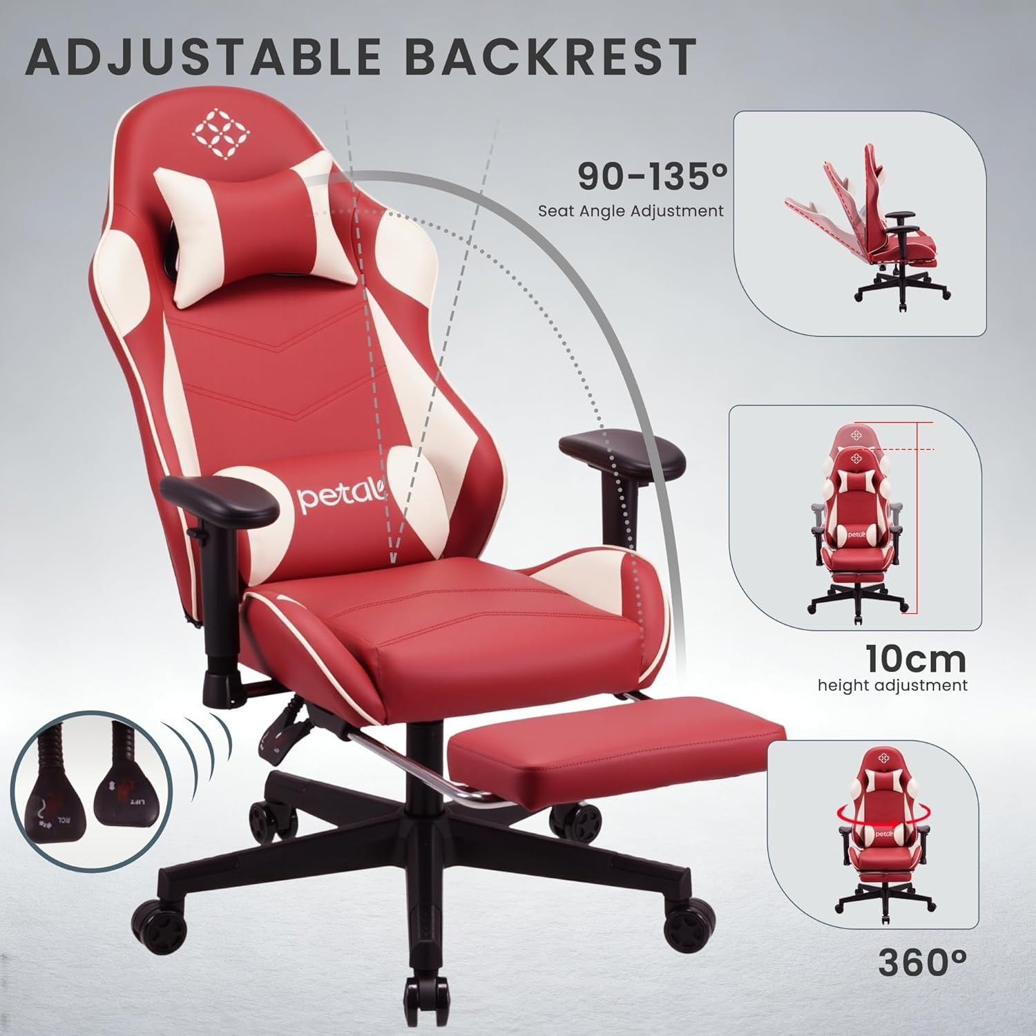 Ergonomic Gaming Chair Recliner w Footrest Lumbar Support Red