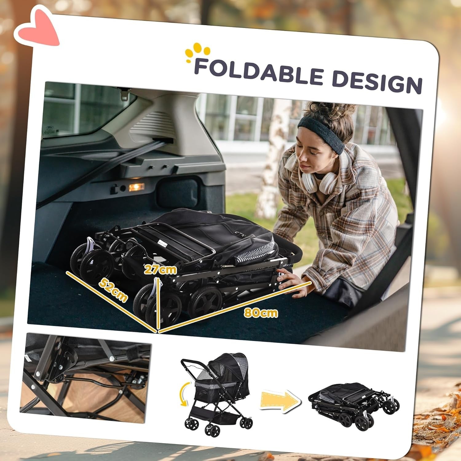 Foldable Dog Stroller Pushchair for Small Dogs 4 Wheels Canopy Brake