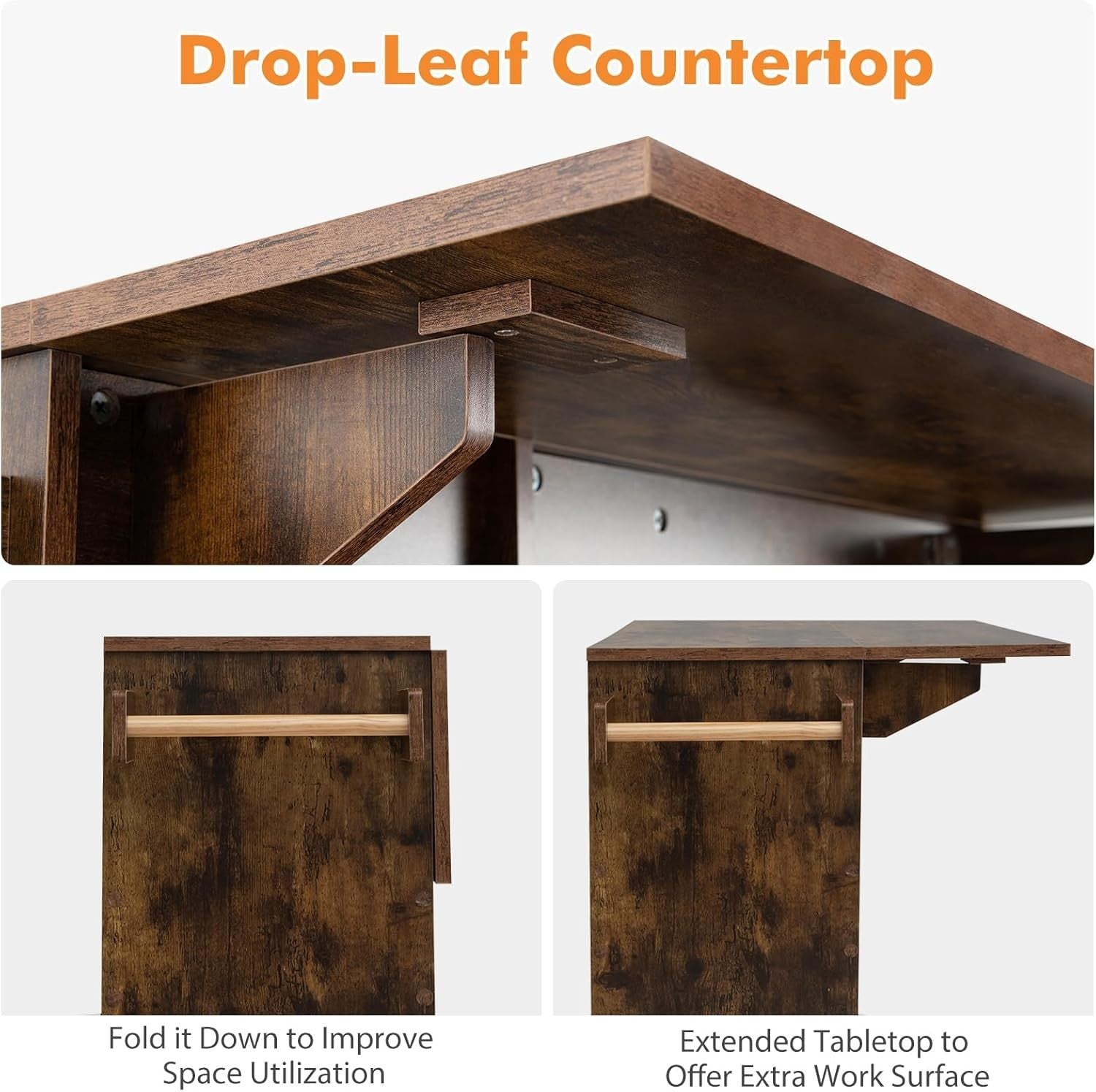 Rolling Kitchen Island Cart with Drop Leaf, Wine Rack & Adjustable Shelves – Rus