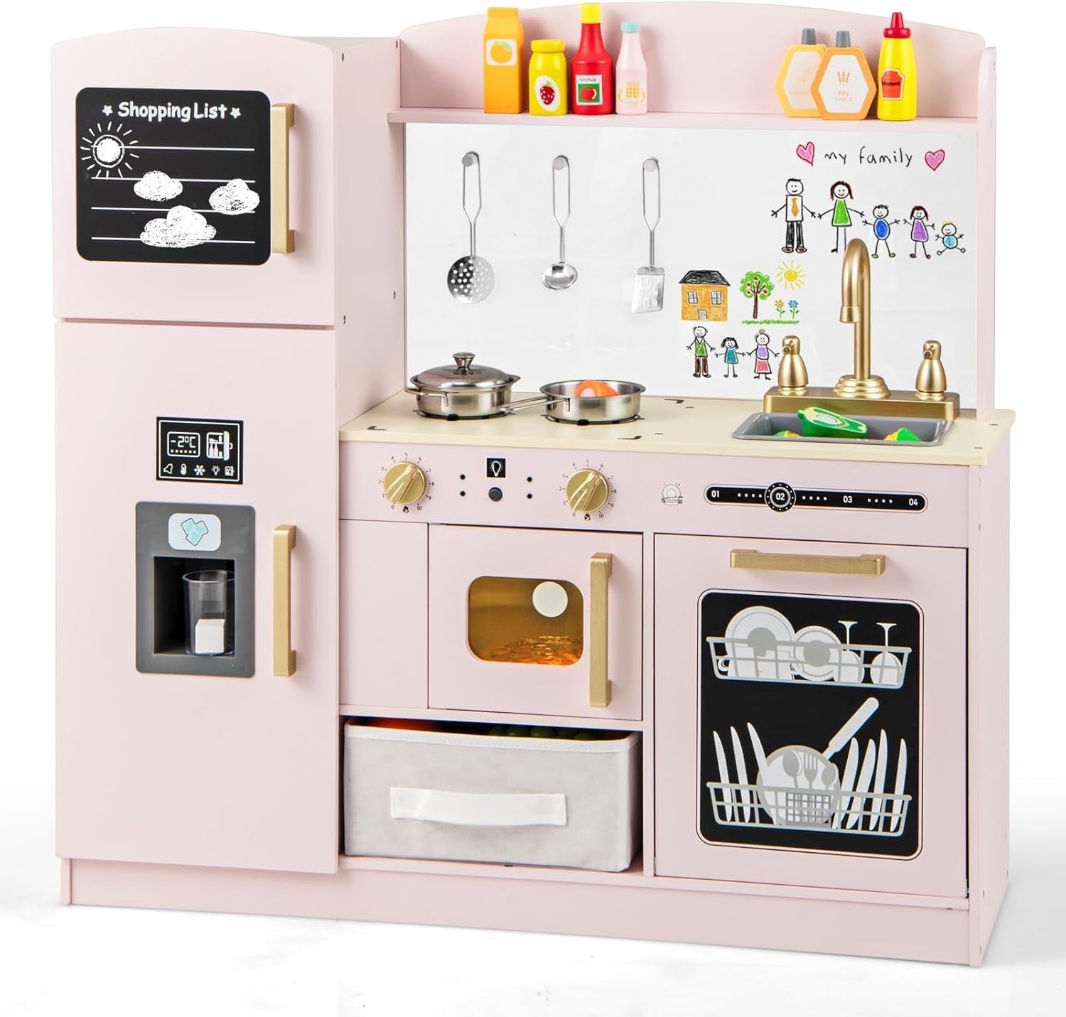 Kids Wooden Play Kitchen w/ Chalkboard Ice Maker Pink Toy