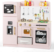 Kids Wooden Play Kitchen w/ Chalkboard Ice Maker Pink Toy