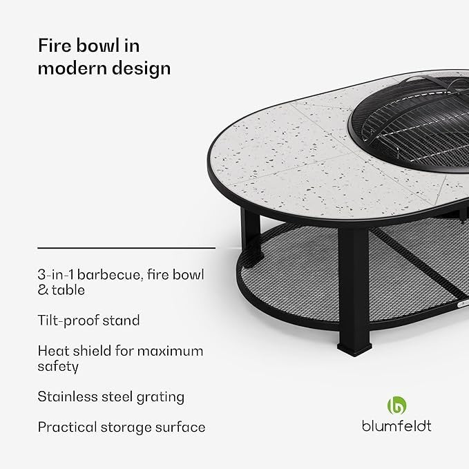 3-in-1 Fire Pit BBQ Table Outdoor Terrazzo Design Heat Shield Spark Guard