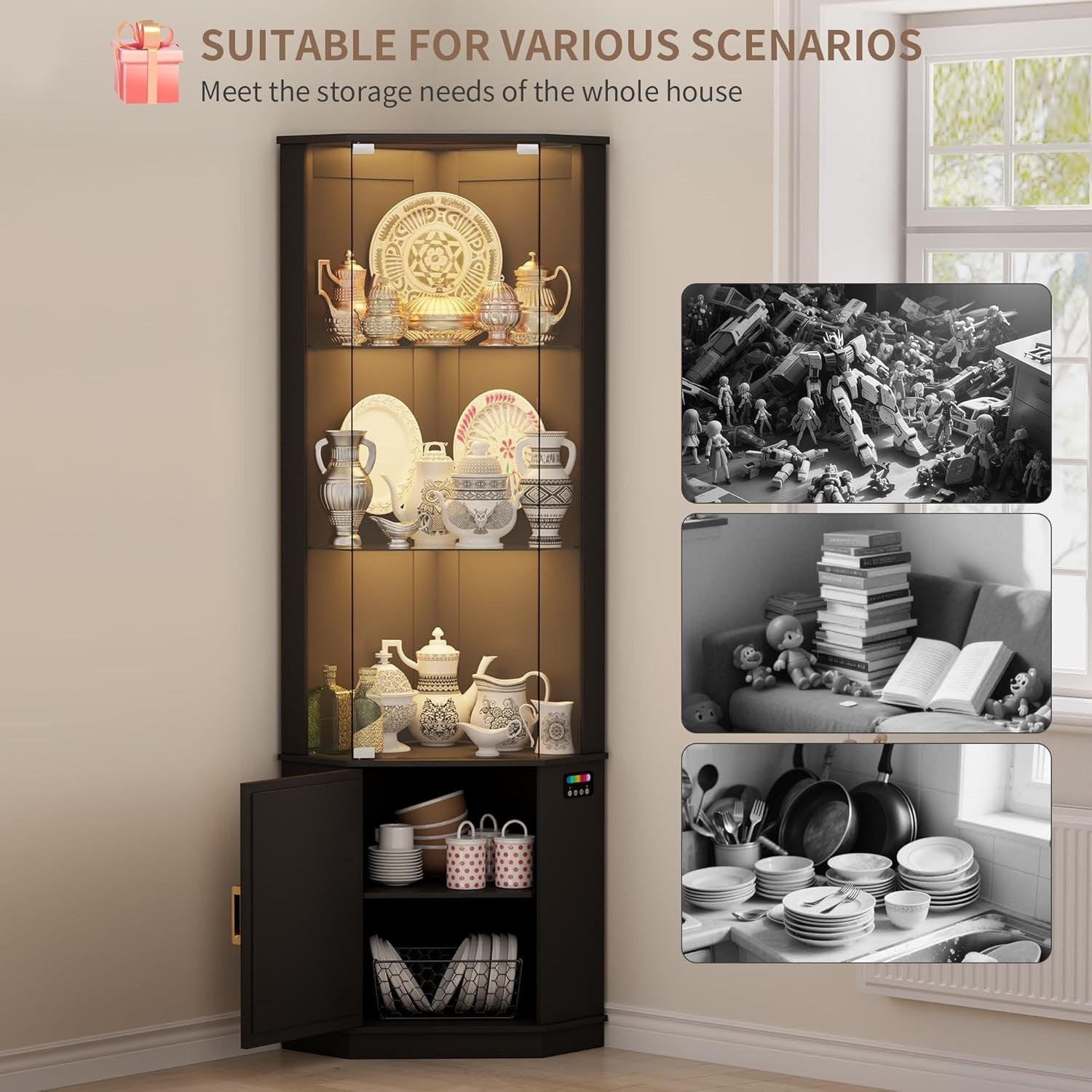 3-Tier Glass Display Cabinet with Motion Sensor & RGB Lights, 69" Corner Shelf