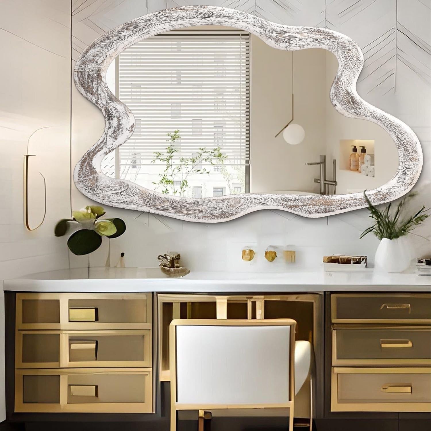 Vintage Irregular Wall Mirror 80x60cm Rustic White Frame for Entryway