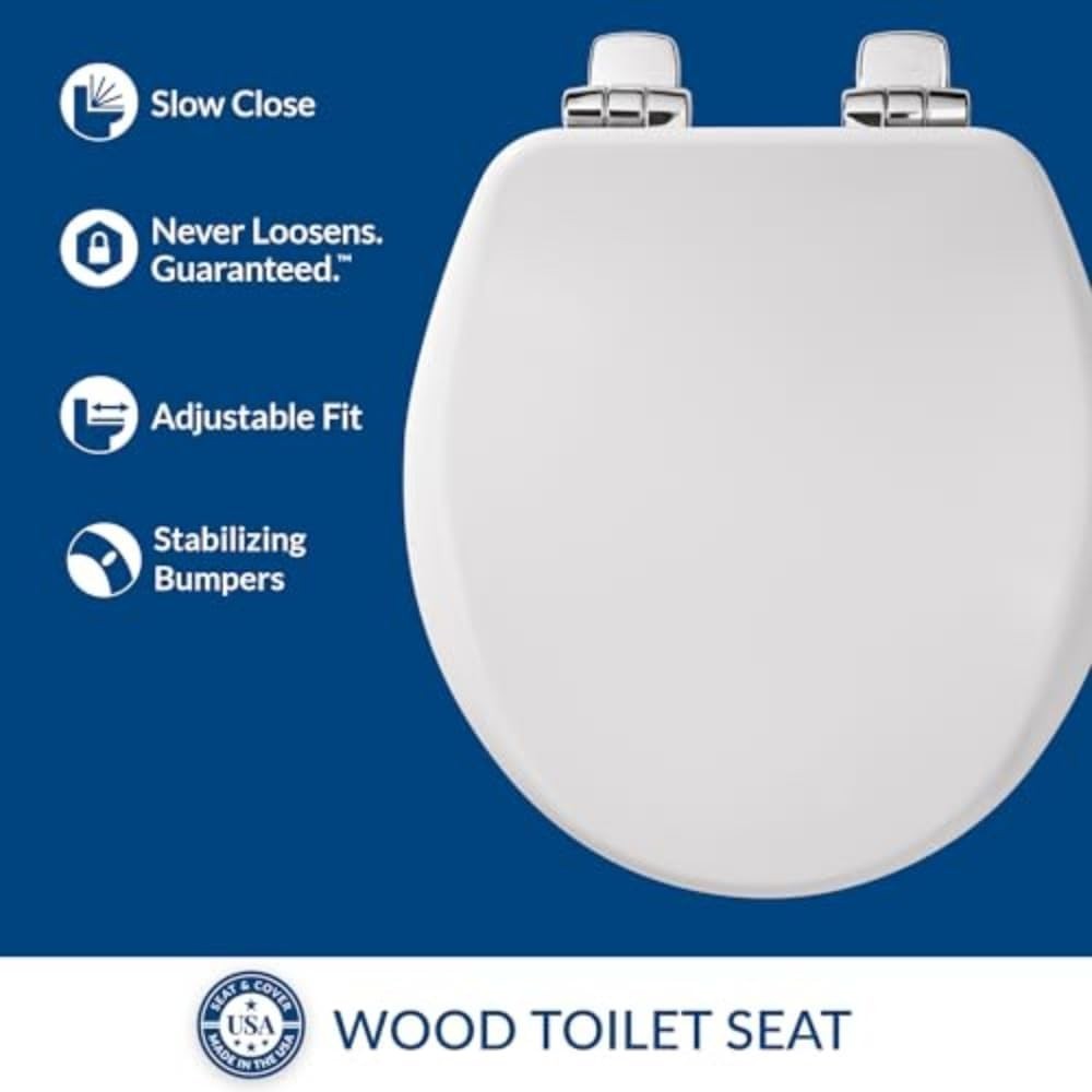 Round Toilet Seat White Enameled Wood Soft Close Chrome Hinges