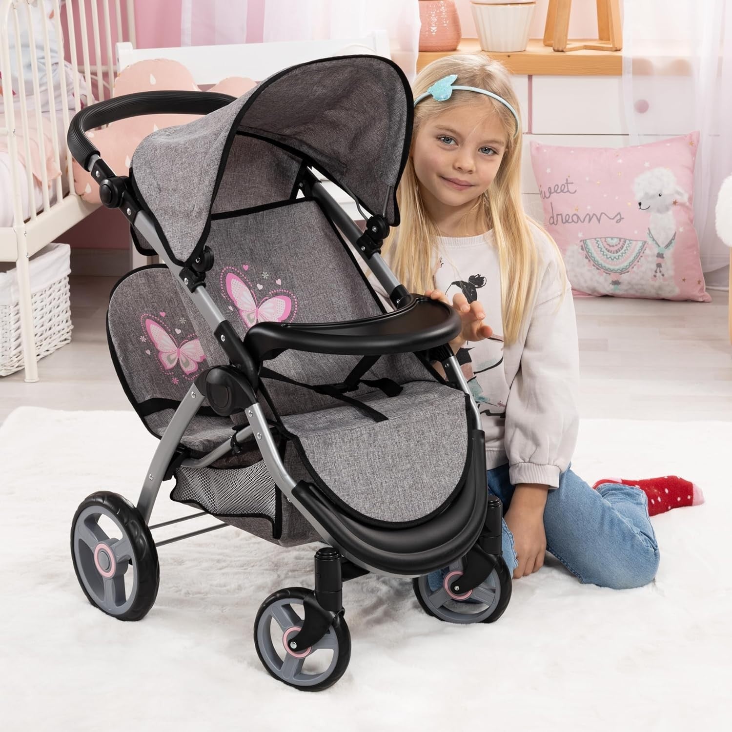 Twin Doll Pram Double Stroller Foldable Adjustable Handle Basket Bag