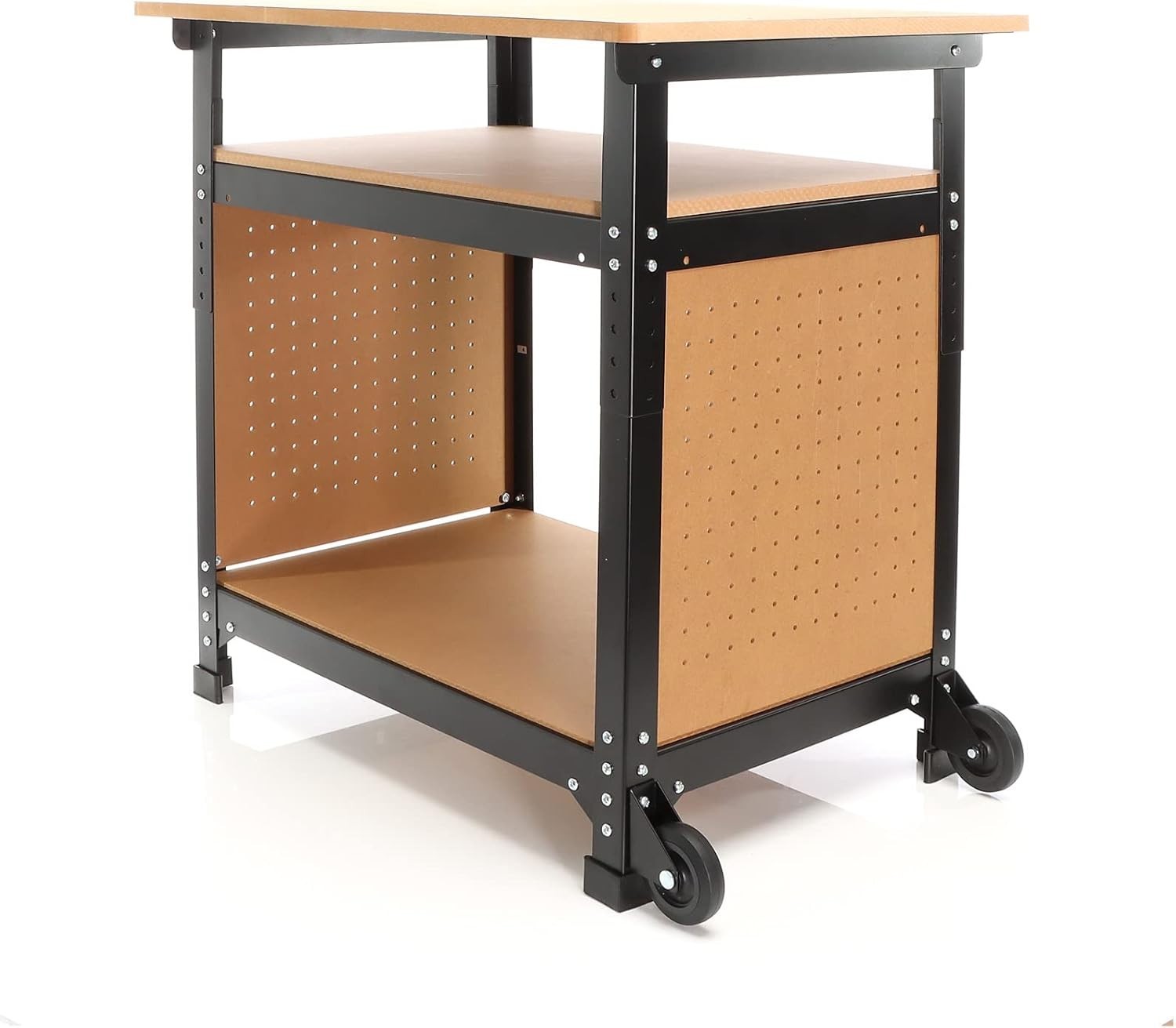 Mobile Adjustable Workbench 66–82cm Steel Table Wheels MDF Top Shelves Pegboard