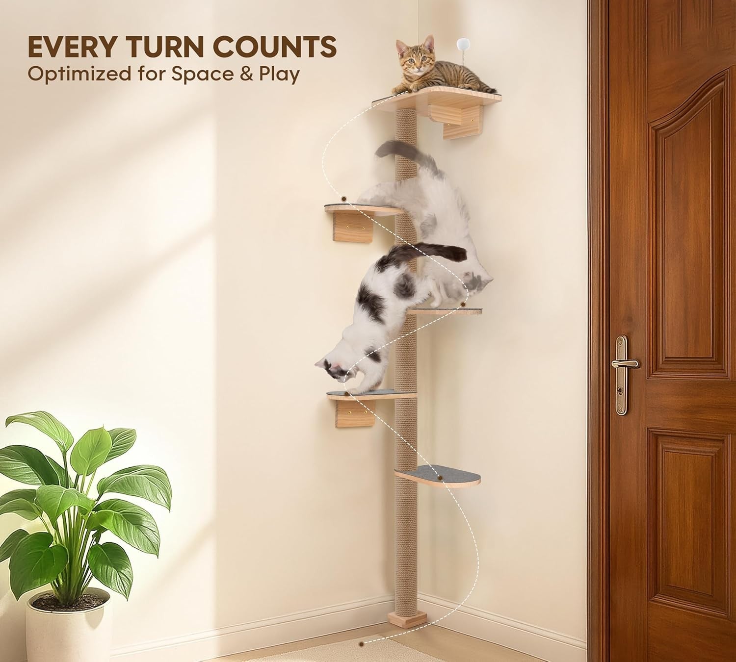 Wall Mounted Cat Tree 210cm 5 Tier Scratching Post Tall Cat Climbing Tower