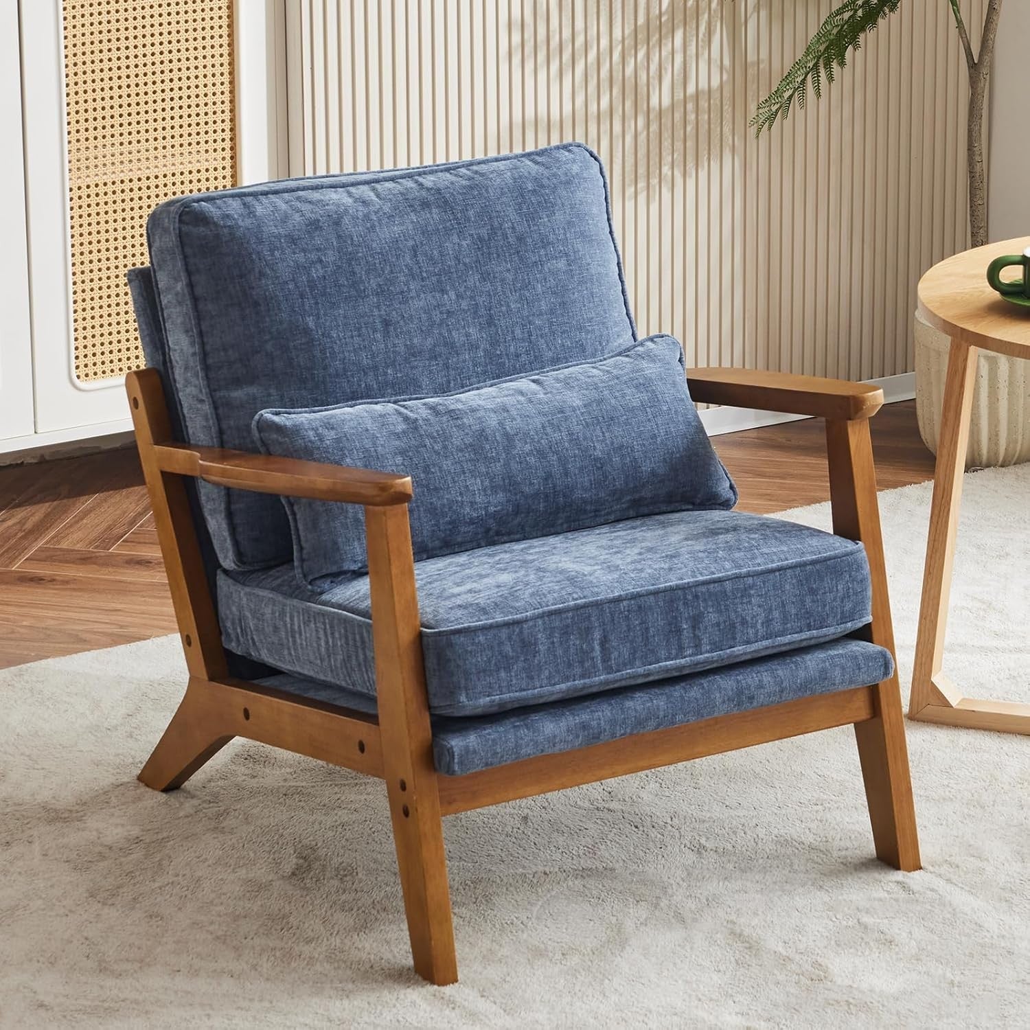 Sea Blue Chenille Accent Chair – Solid Wood Lounge Armchair Wide Arm