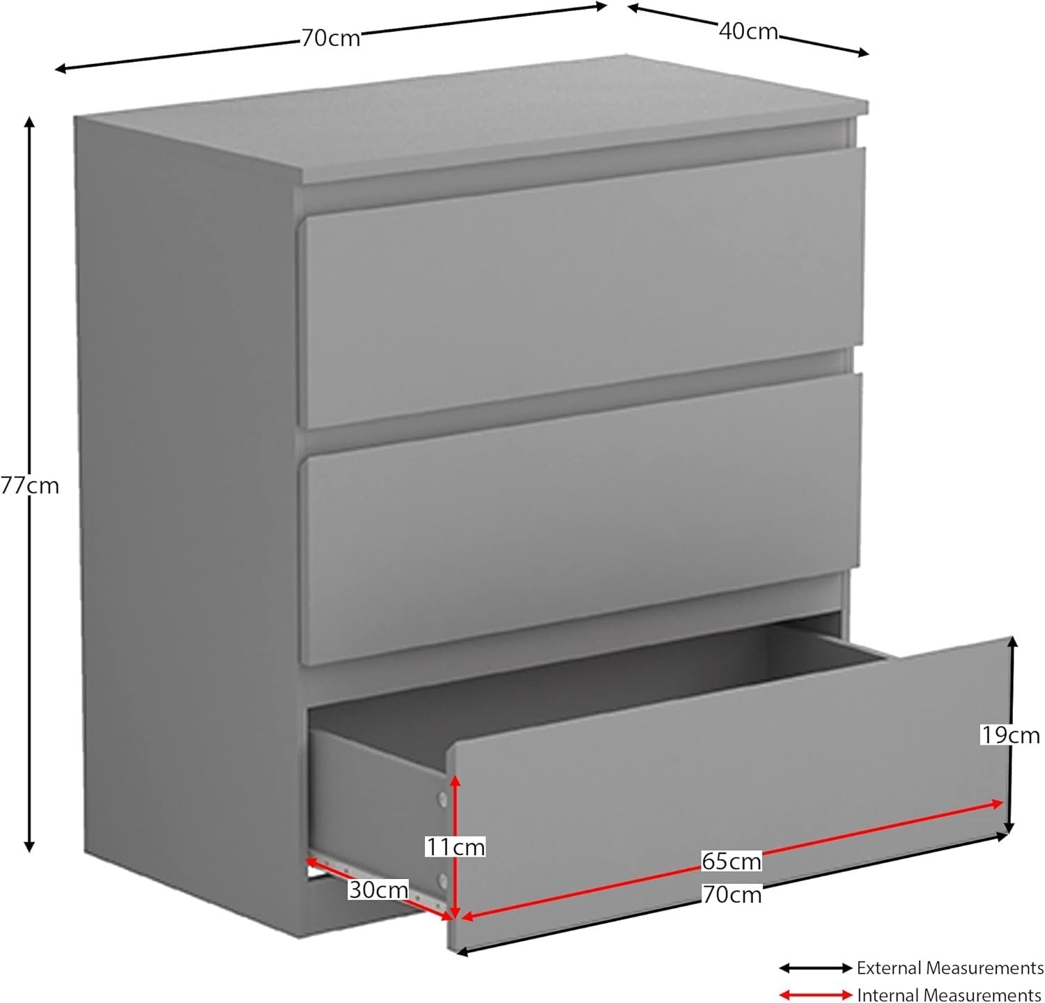 Modern Grey 3 Drawer Chest Storage Unit for Bedroom Home Office