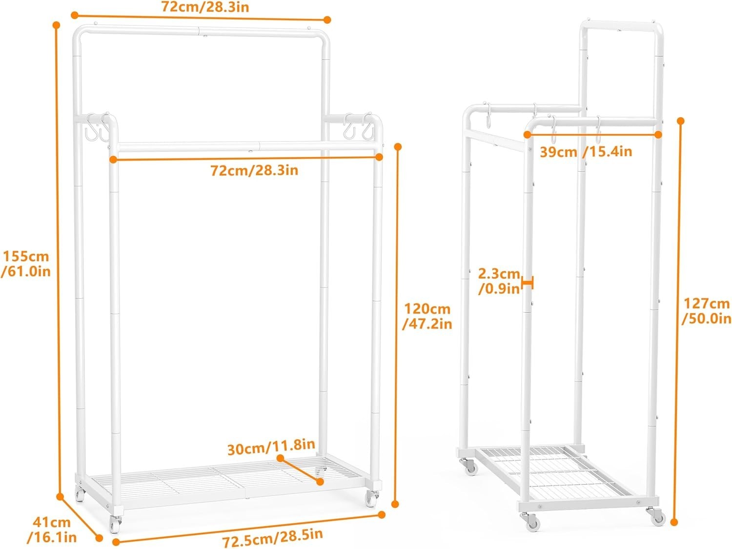 Double Clothes Rail 80KG Heavy Duty Rack With Shelf White