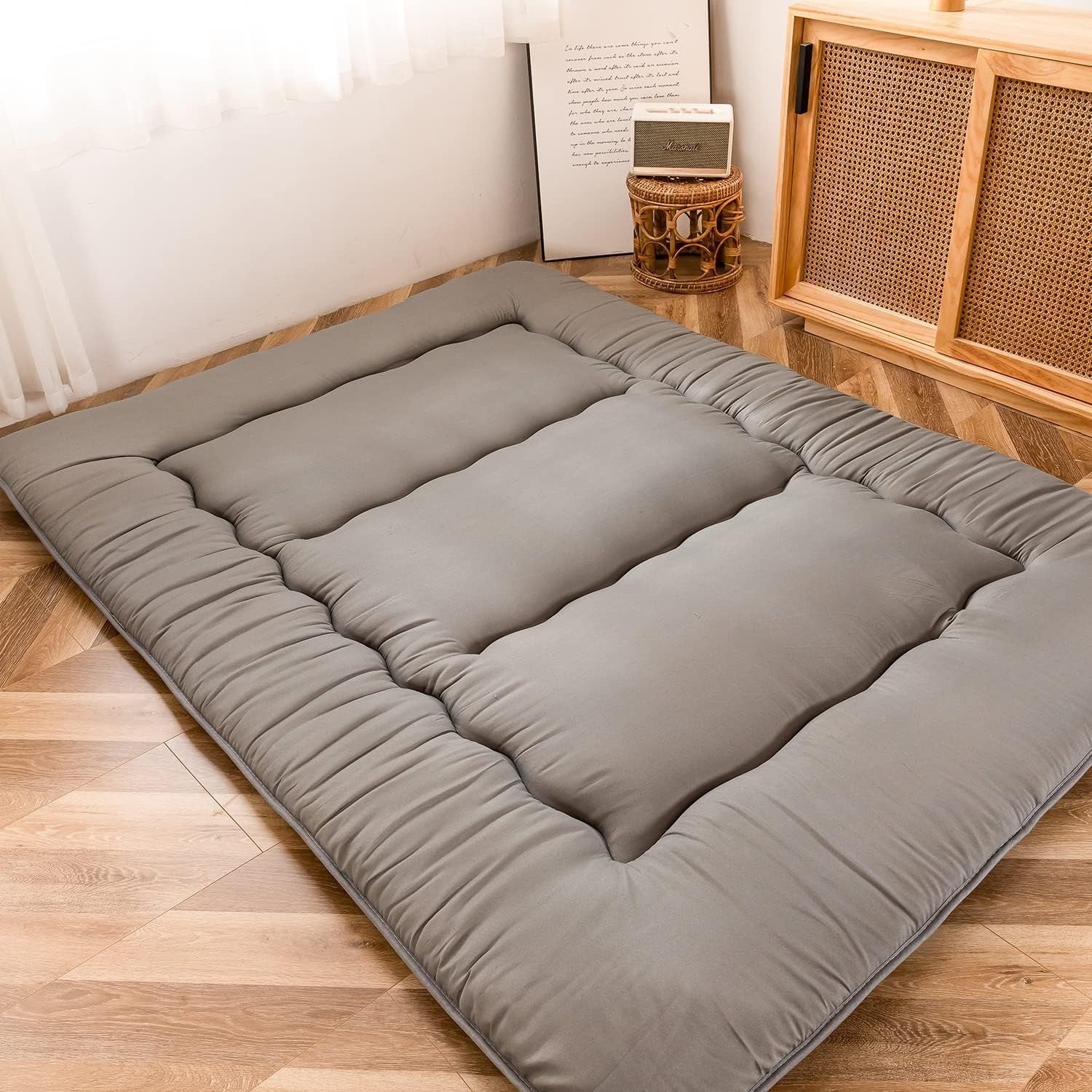 Grey Double Foldable Futon Mattress | Thick Tatami Sleep Pad, Portable Lounger