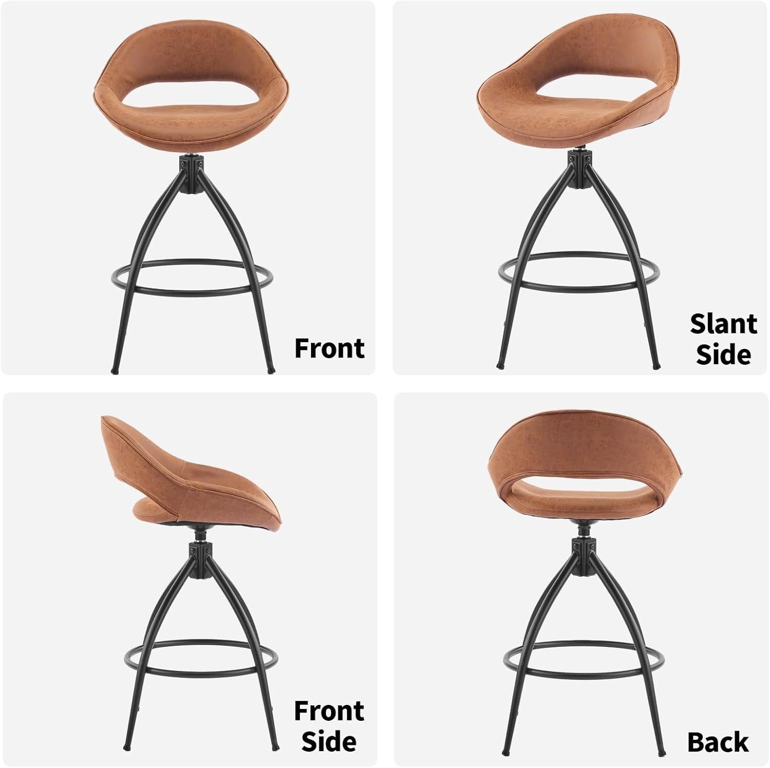360° Swivel Bar Stools Set of 2 | Brown PU Leather Counter Chairs w/ Back