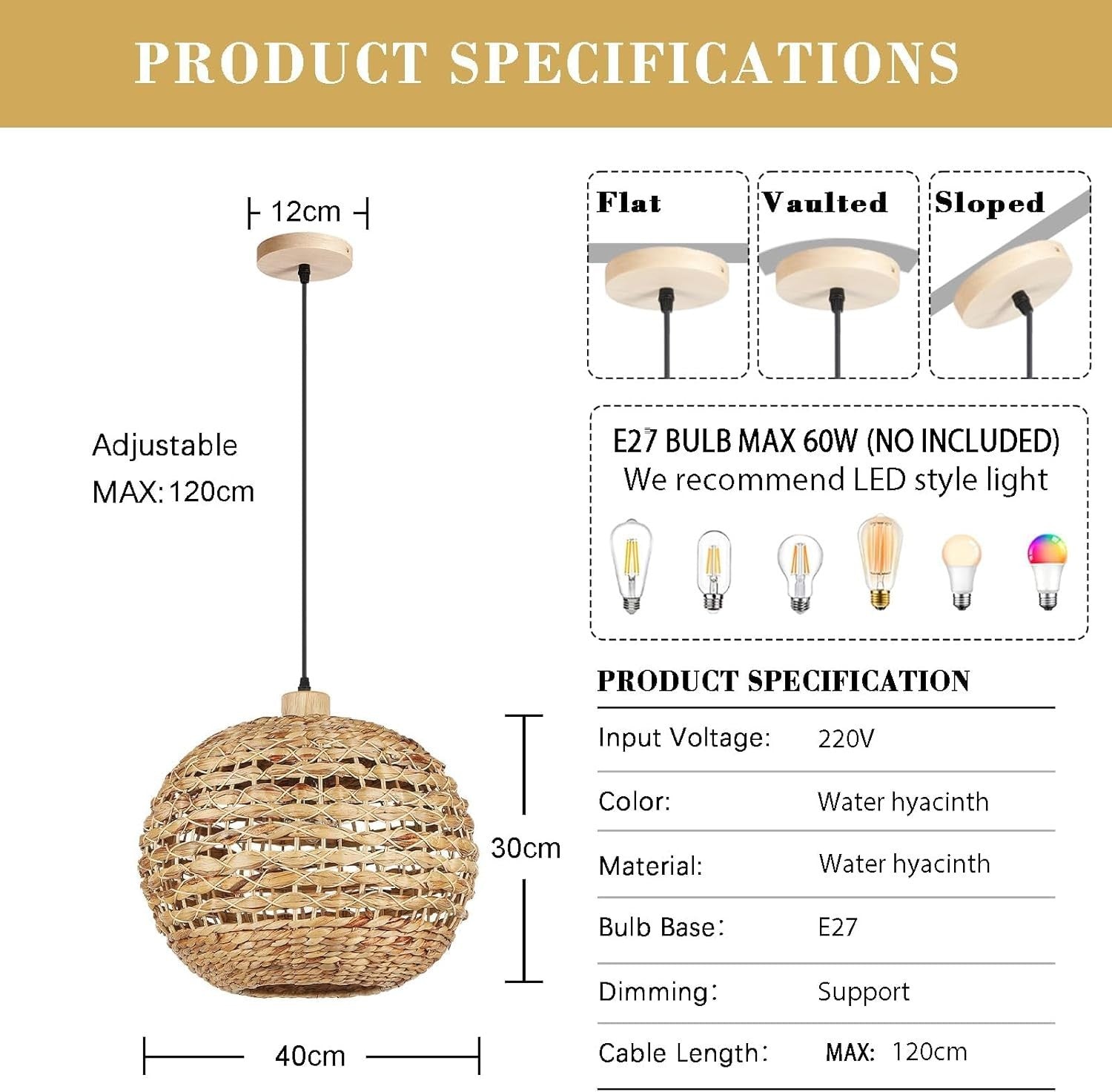 Boho Seagrass Pendant Light Shade 40cm Hand Woven Ceiling E27