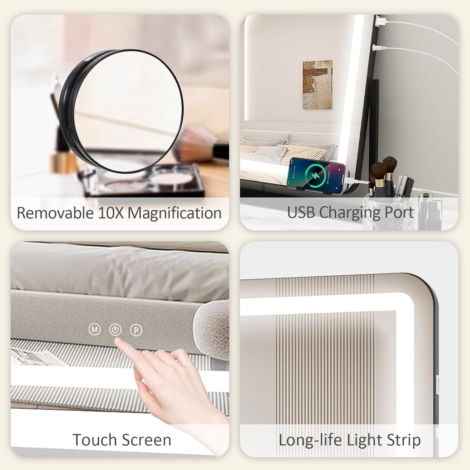LED Vanity Mirror 60x50cm with 360° Rotation, Touch Control & USB Port