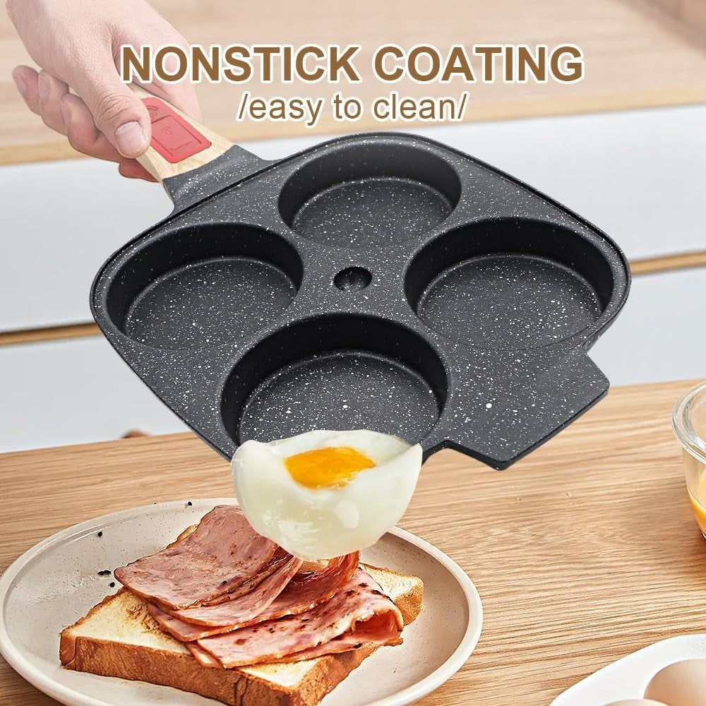 4-Cup Egg Pan Non-Stick Ceramic Pancake Skillet w/ Lid & Detachable Handle Blue