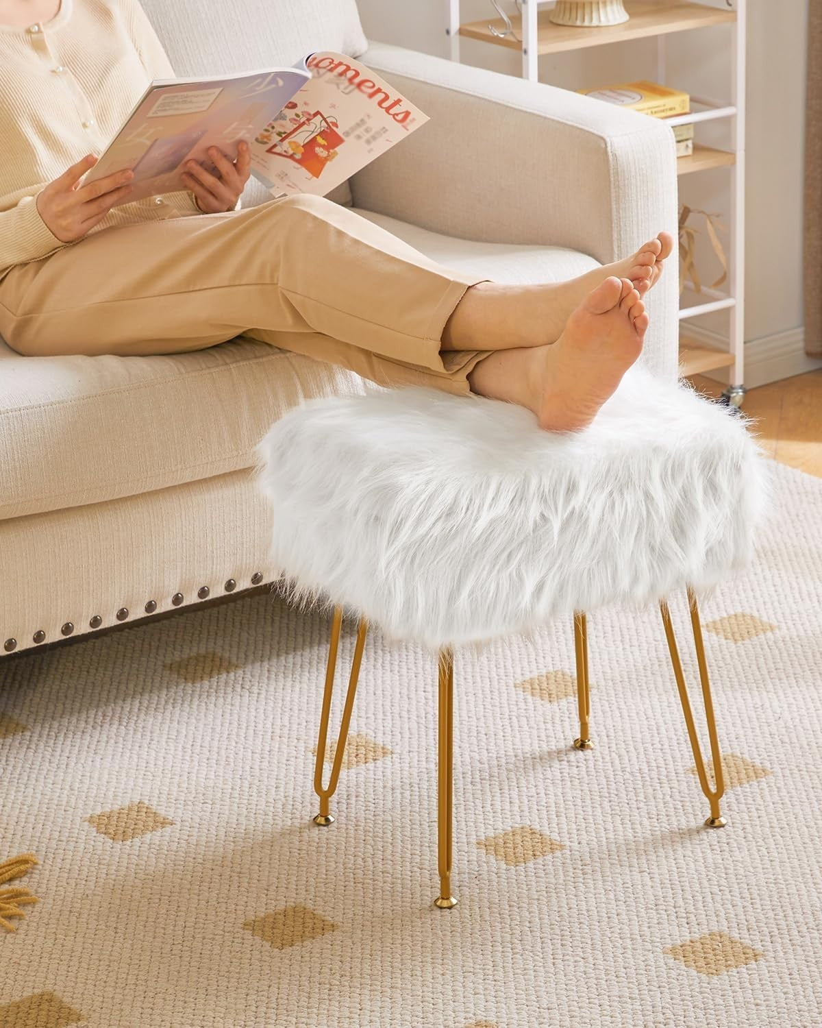 White Rectangular Faux Fur Vanity Stool with Storage & Gold Metal Legs