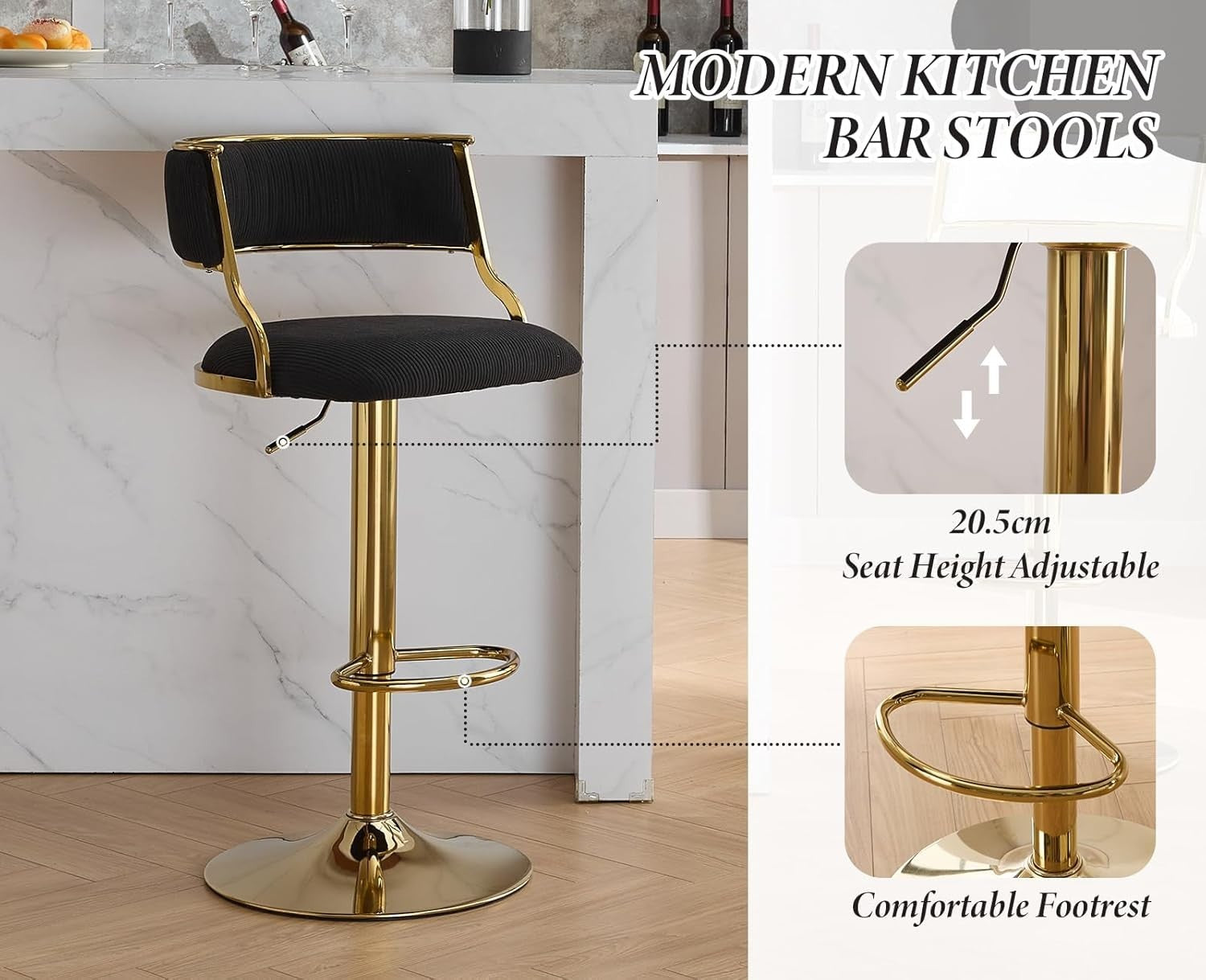 Black Velvet Swivel Bar Stools Set of 2 – Adjustable Counter Chairs