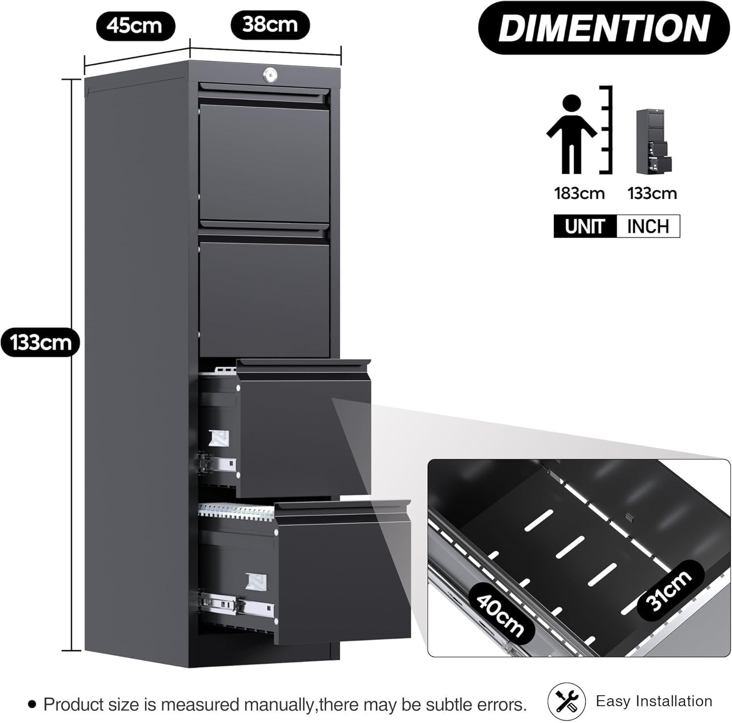 4 Drawer Metal Vertical Filing Cabinet Lockable Home Office Storage Black