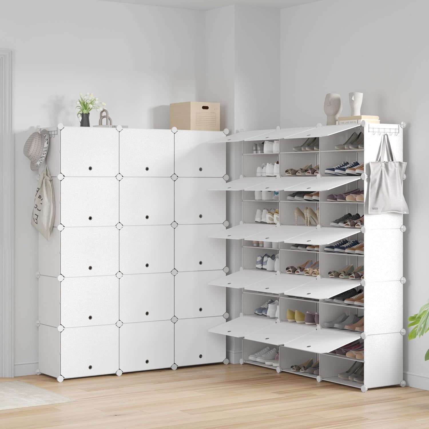 60 Pair Shoe Rack 3x10 Tier Modular Plastic Storage with Hooks & Removable