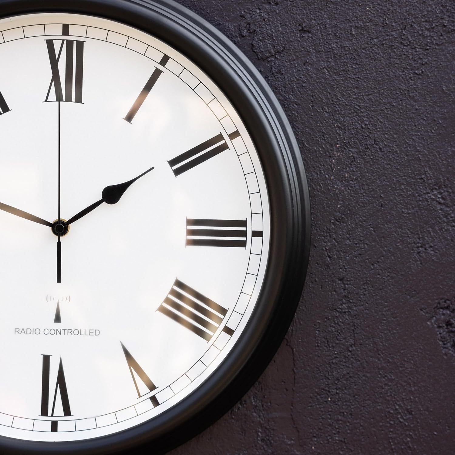 Outdoor Radio Controlled Wall Clock 38cm Black Roman Numerals Garden Patio