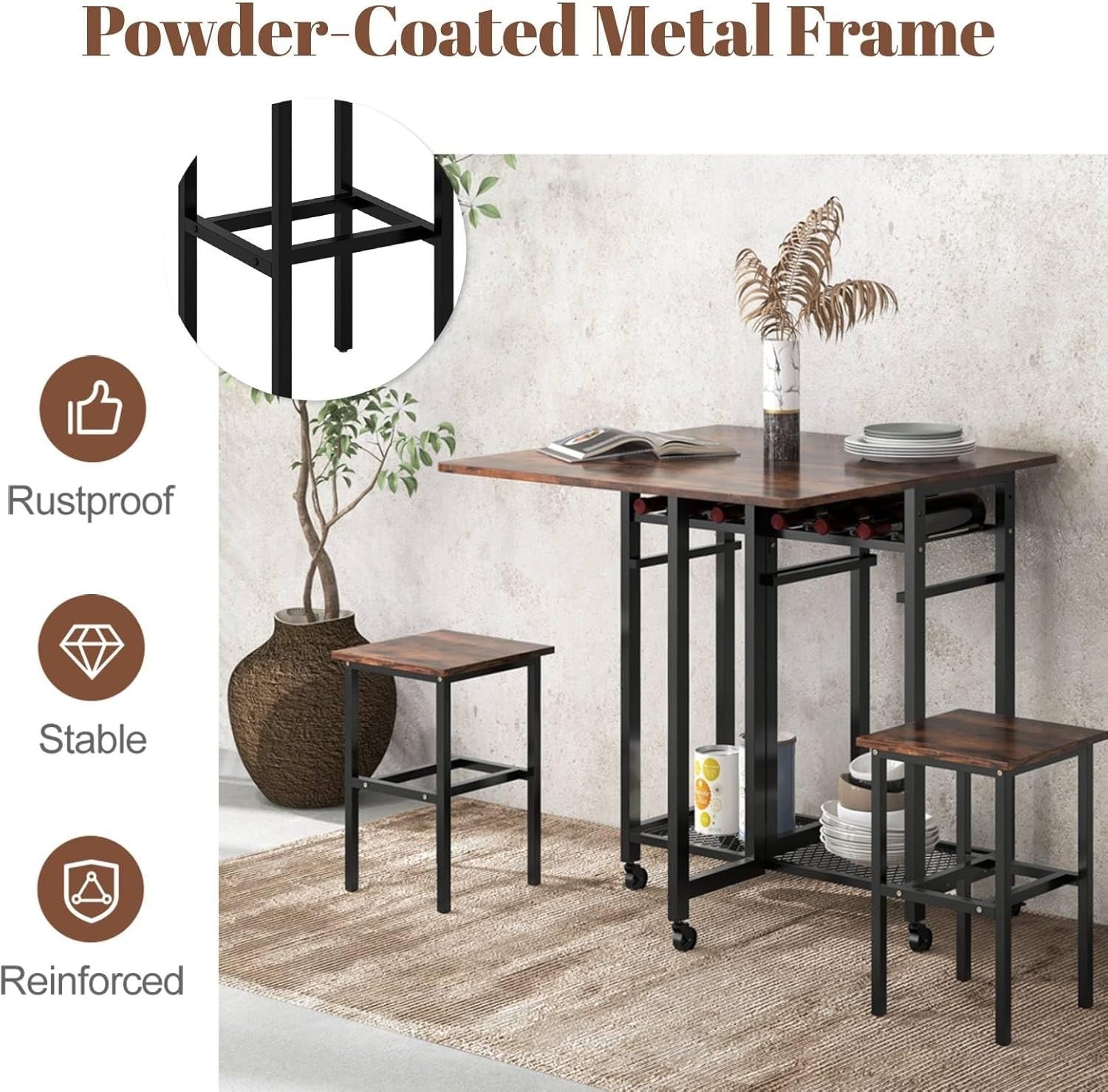 3-Piece Folding Dining Table & Stools Set with Wine Rack Storage Brown